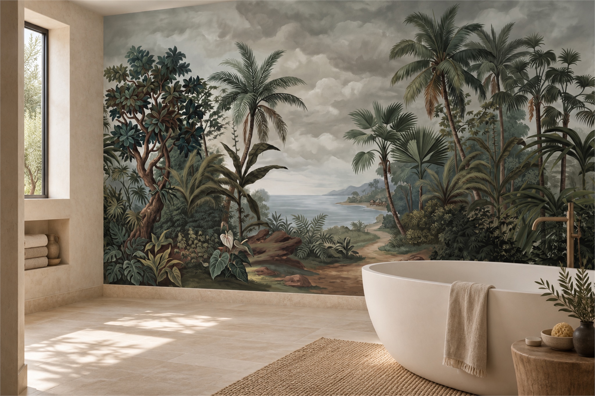 Green Tropical Artful Textured Wallpaper Mural Bathroom-wallpaper-murals, Peel-and-stick Finish