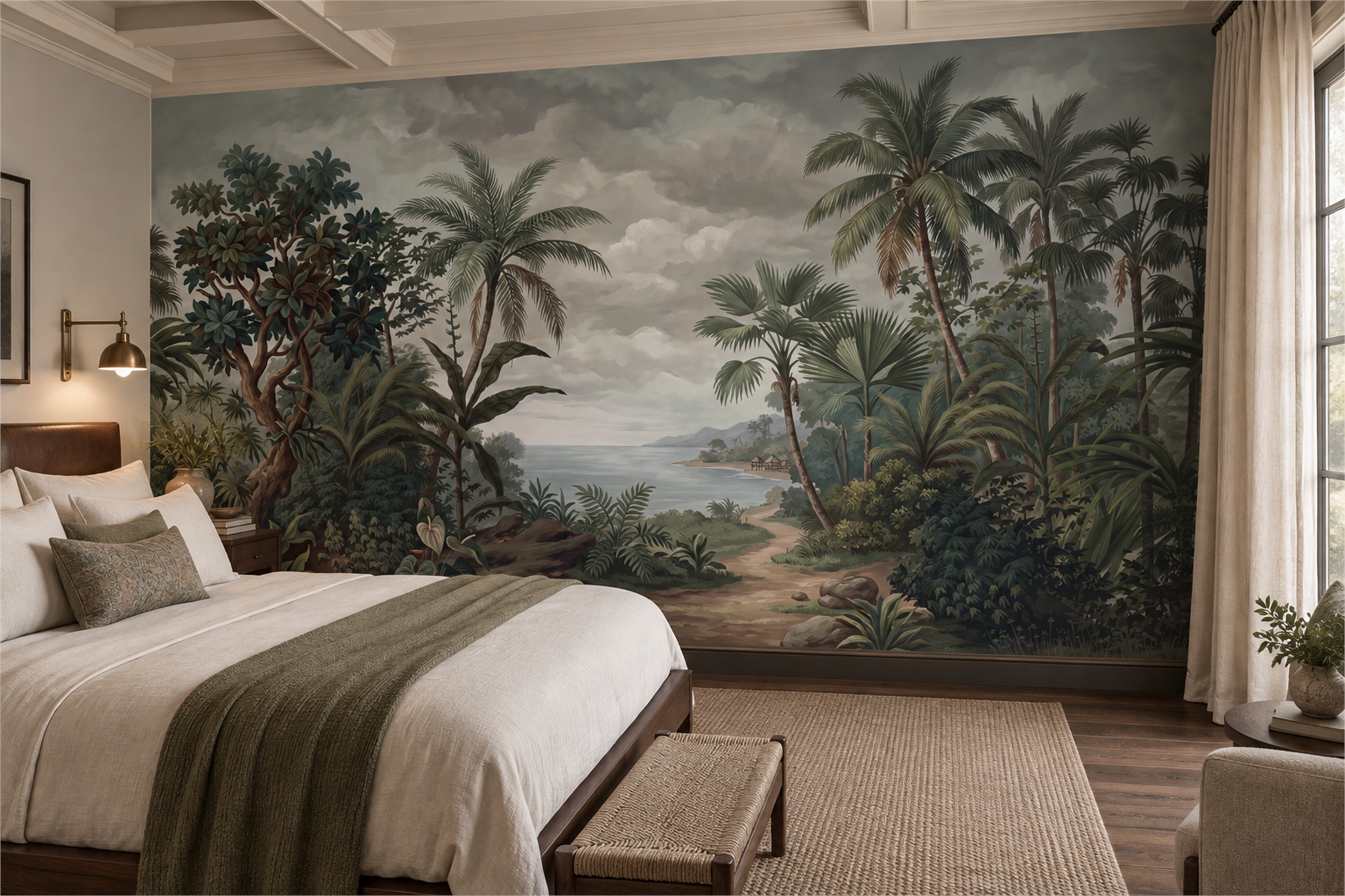 Misty Jungle River And Palm Grove Wallpaper Mural — Installed Wallpaper Mural In A Bedroom, Peel-and-stick Finish