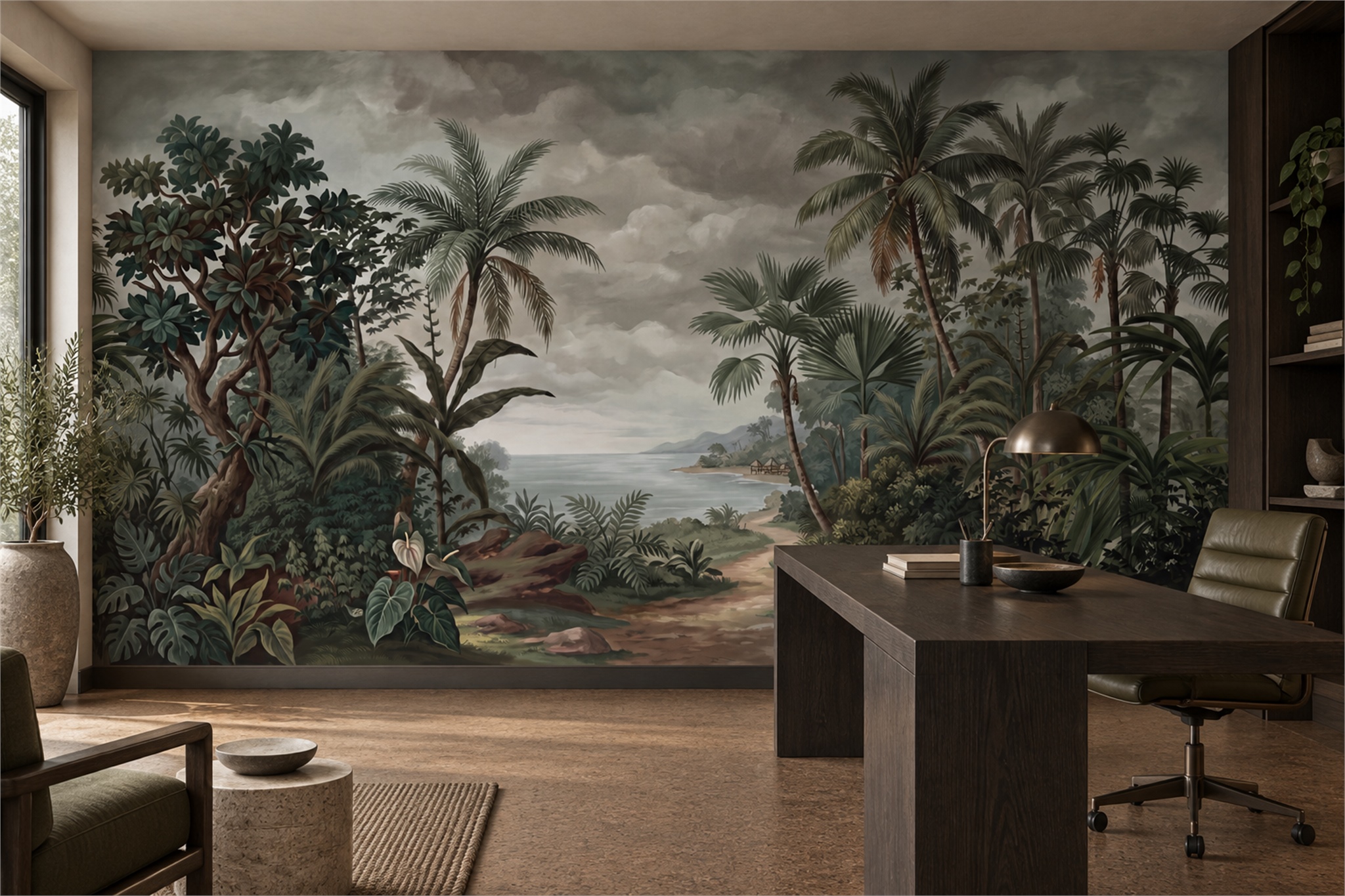 Green Tropical Artful Textured Wallpaper Mural Home-office-wallpaper-murals, Shown In A Home Office, Peel-and-stick Finish
