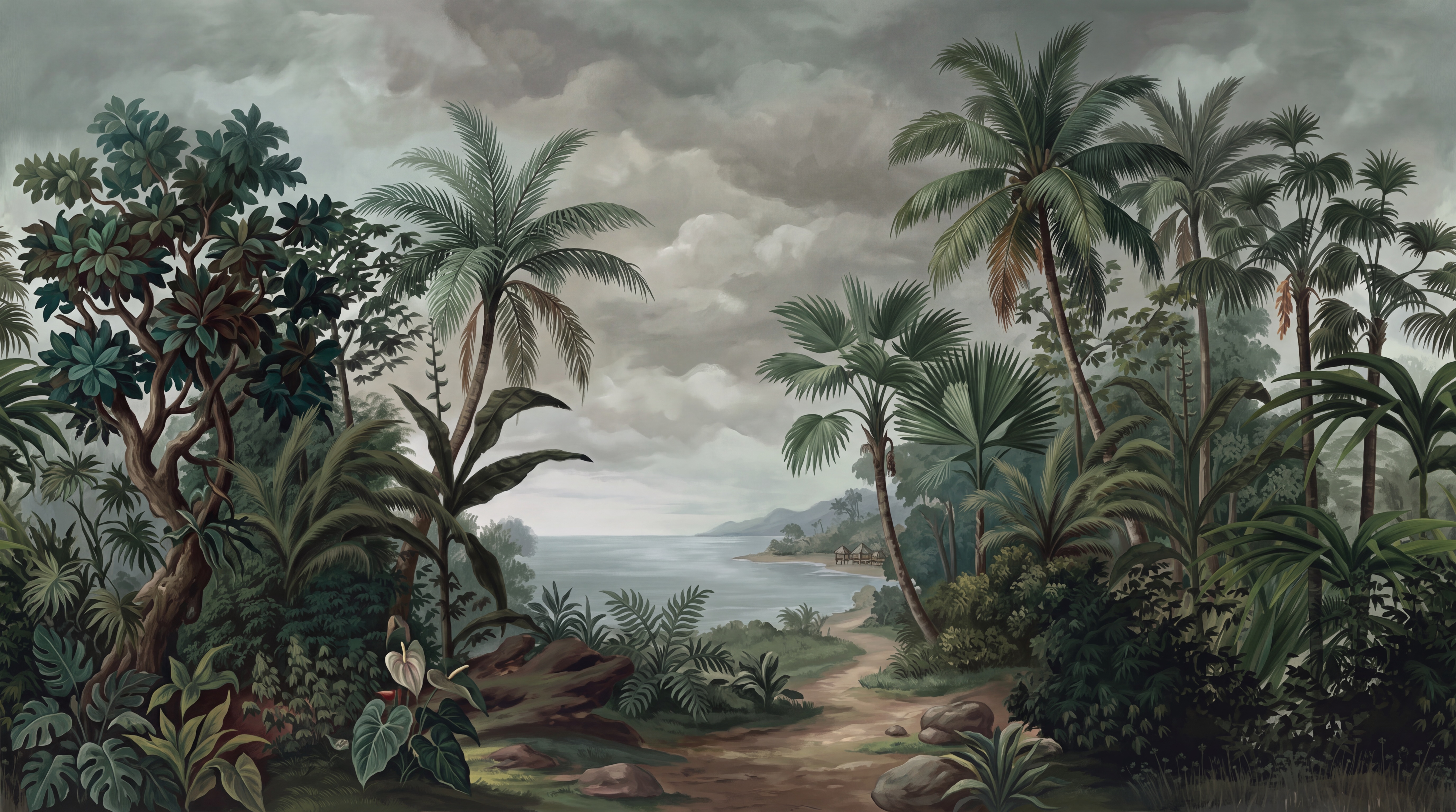 Green Tropical Artful Textured Wallpaper Mural, Peel-and-stick Finish