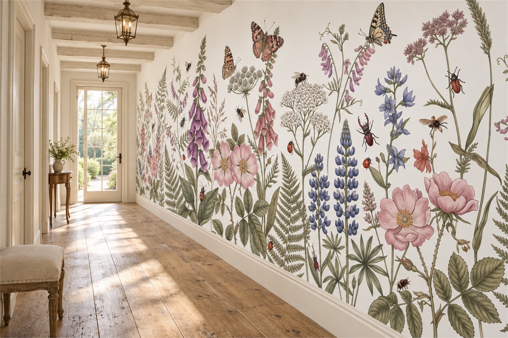 Wildflower Meadow With Butterflies And Garden Insects Wallpaper Mural — Installed Wallpaper Mural In A Hallway, Peel-and-stick Finish