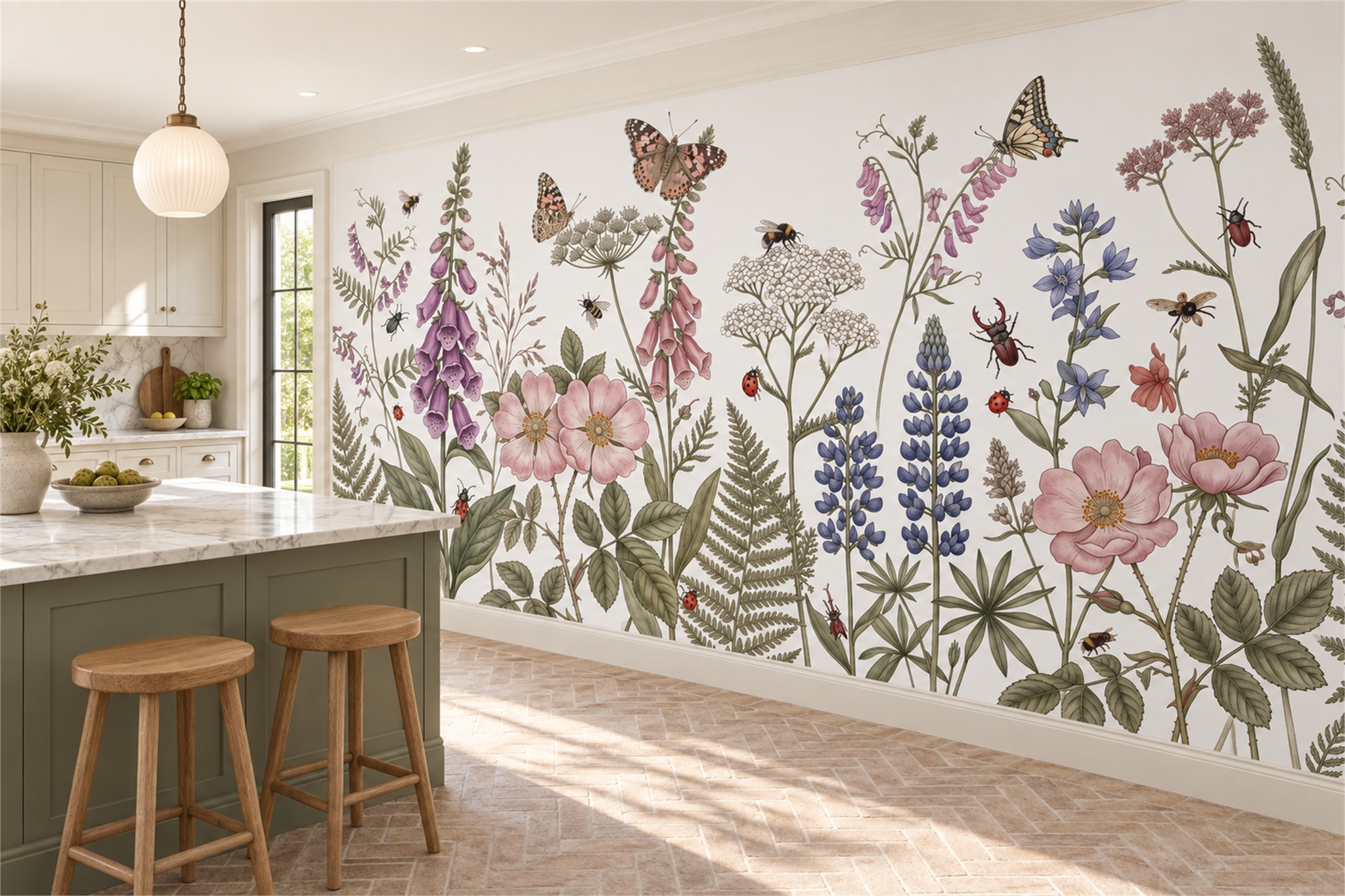 Pink Meadow Scenic Wallpaper Mural Kitchen-wallpaper-murals, Peel-and-stick Finish
