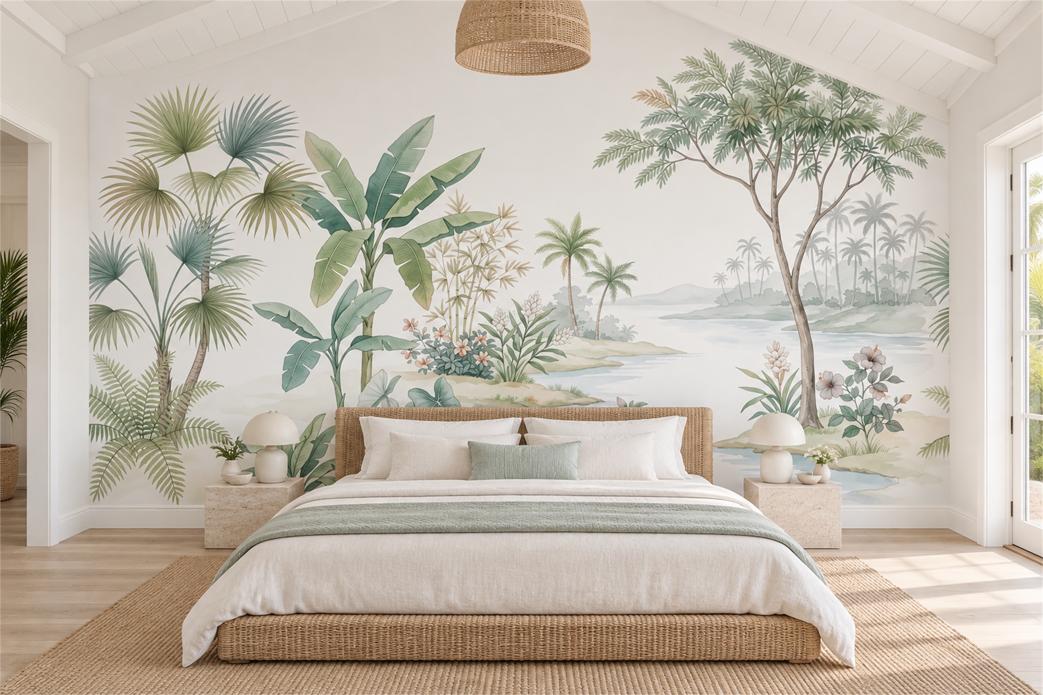 Mint Tropical Artful Wallpaper Mural Bedroom-wallpaper-murals, Peel-and-stick Finish