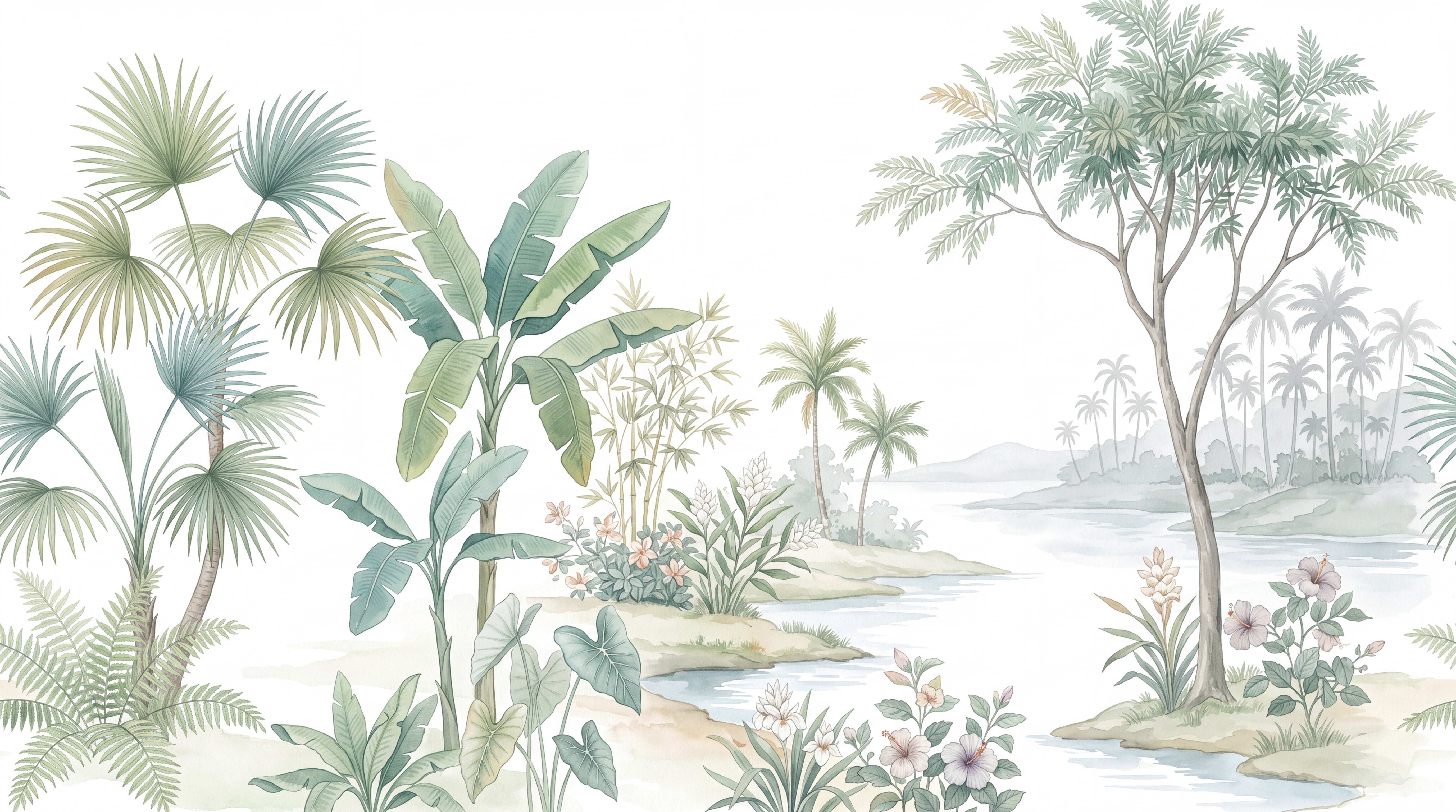 Mint Tropical Artful Wallpaper Mural, Peel-and-stick Finish