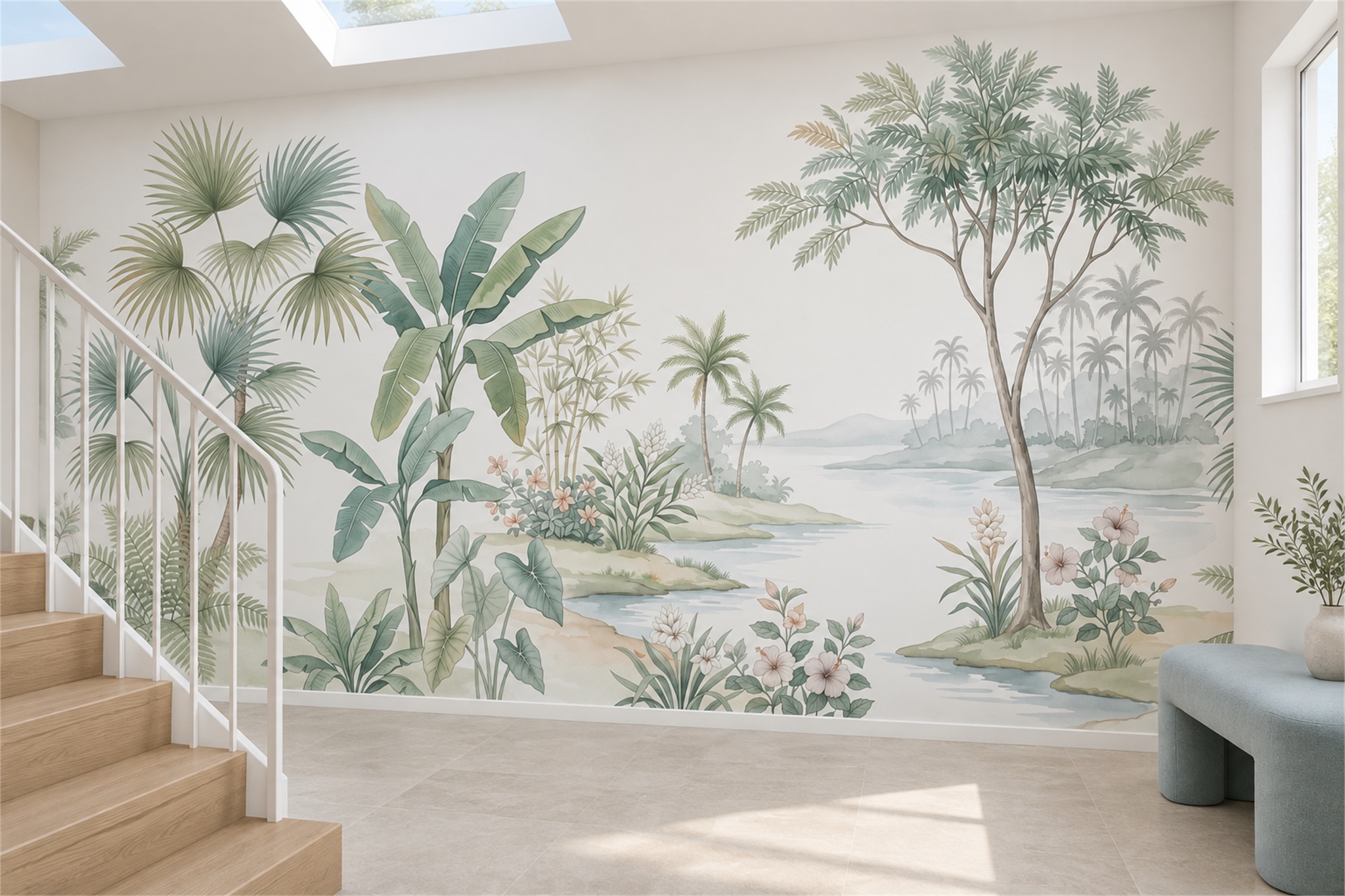 Mint Tropical Artful Wallpaper Mural Accent-wall-wallpaper-murals, Peel-and-stick Finish