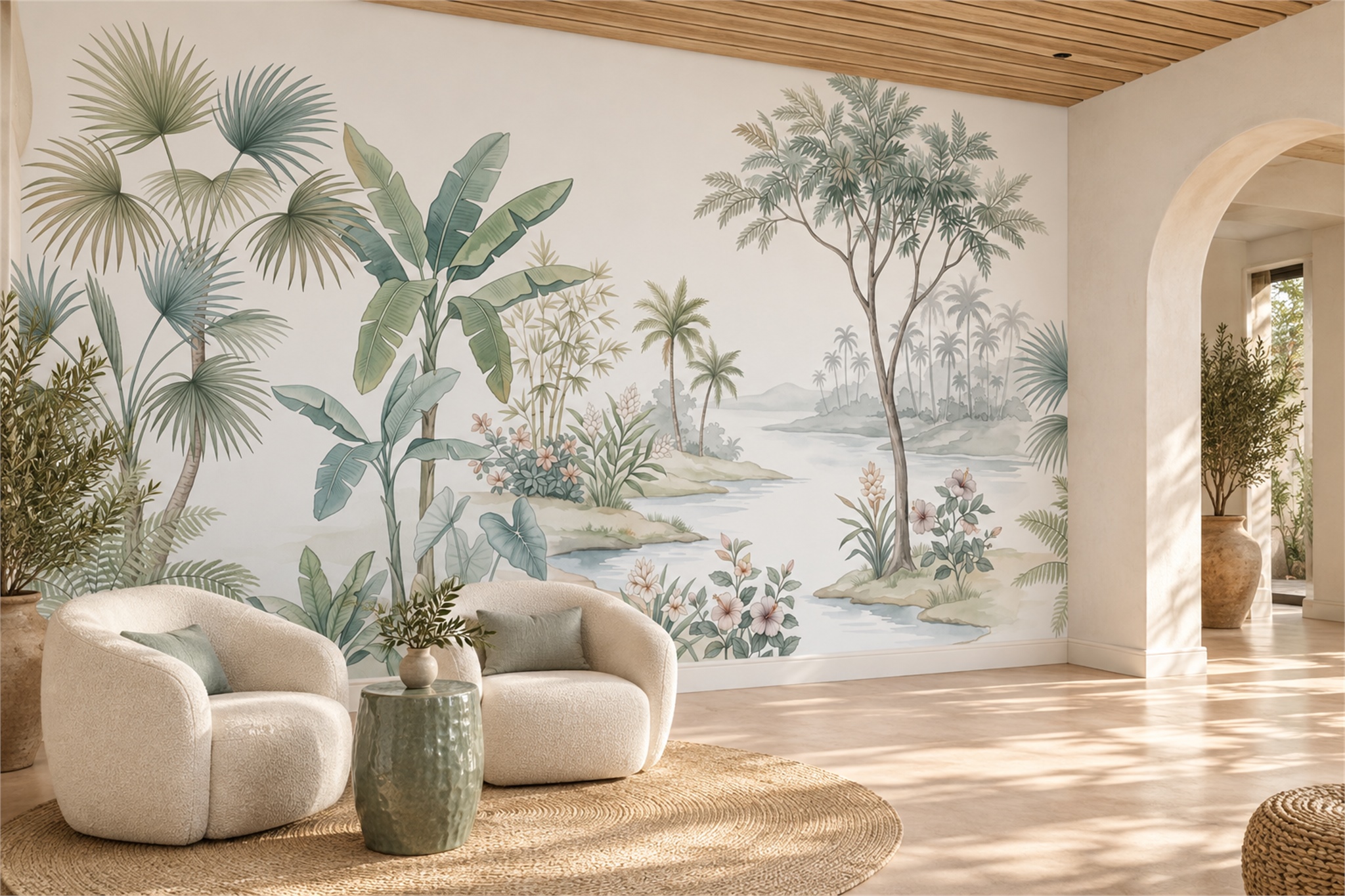 Sage Tropical River Landscape With Palms And Flowers Wallpaper Mural — Wallpaper Mural Design, Peel-and-stick Finish