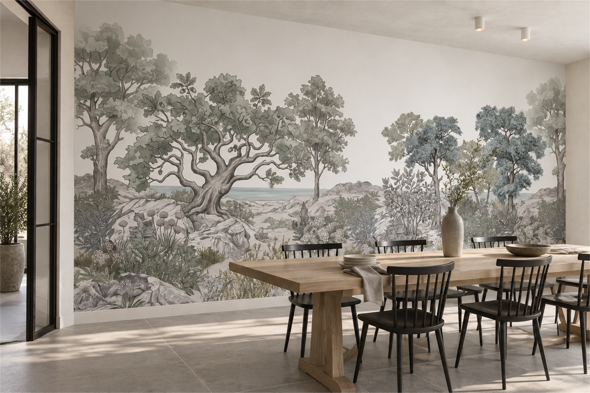 Grey Trees Scenic Decorative Wallpaper Mural Dining-room-wallpaper-murals, Shown In A Dining Room, Peel-and-stick Finish