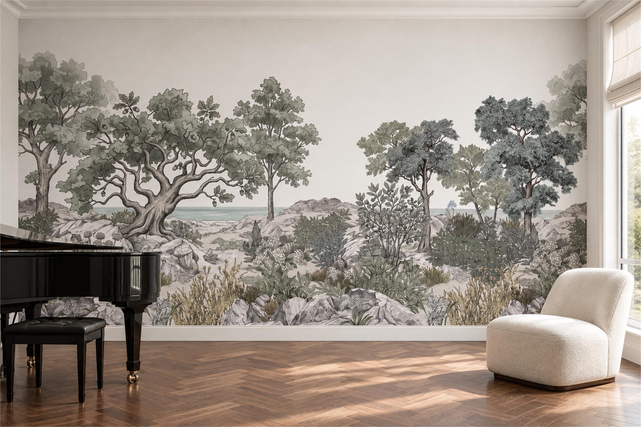 Grey Trees Scenic Decorative Wallpaper Mural Entryway-wallpaper-murals, Peel-and-stick Finish