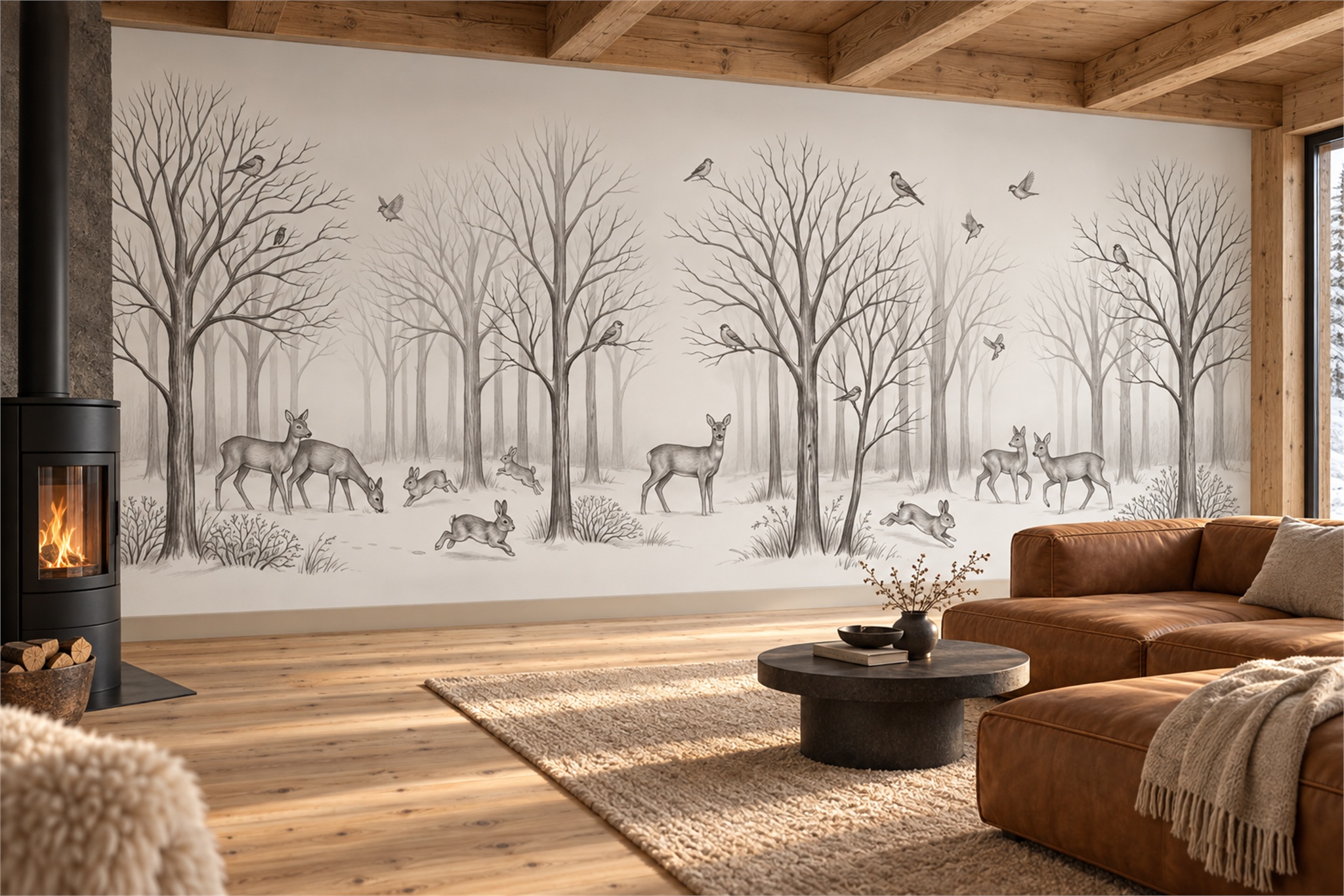 Winter Woodland With Deer, Rabbits And Birds Wallpaper Mural — Wallpaper Mural Design, Peel-and-stick Finish