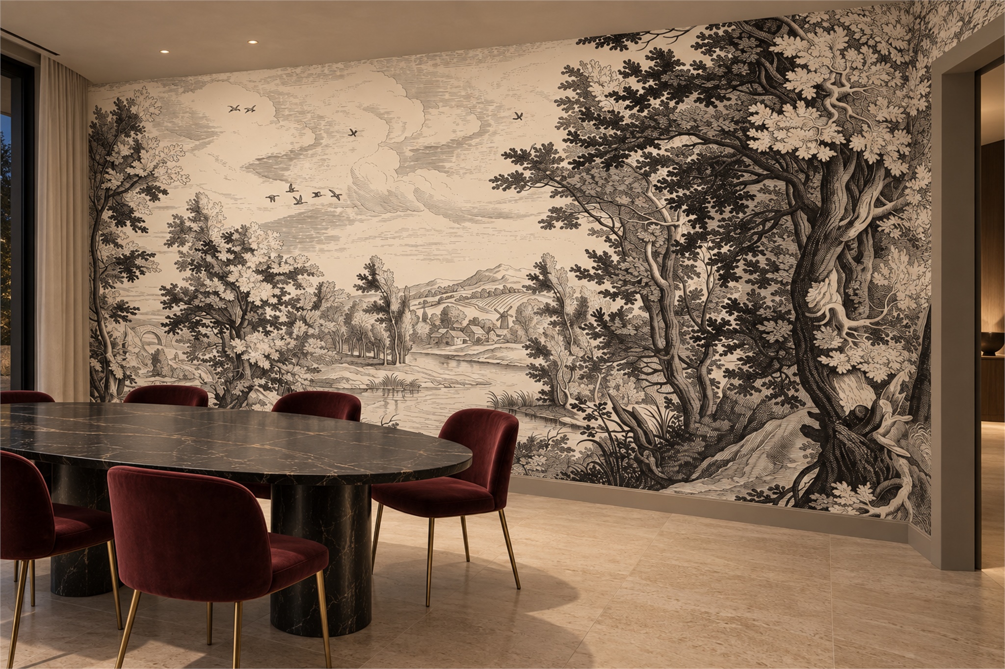 Sepia Forest Scenic Wallpaper Mural Dining-room-wallpaper-murals, Shown In A Dining Room, Peel-and-stick Finish