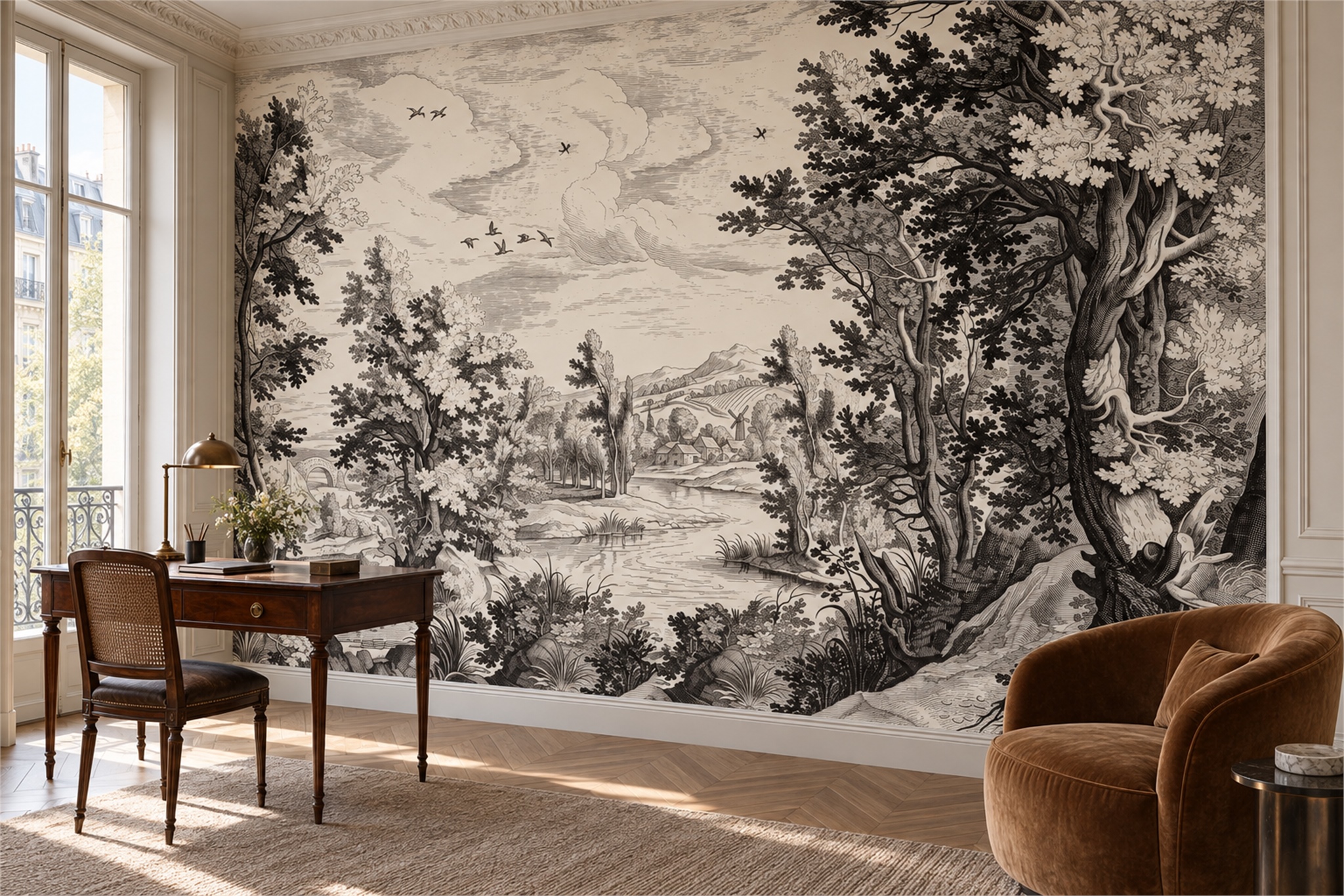 Sepia Forest Scenic Wallpaper Mural Home-office-wallpaper-murals, Peel-and-stick Finish