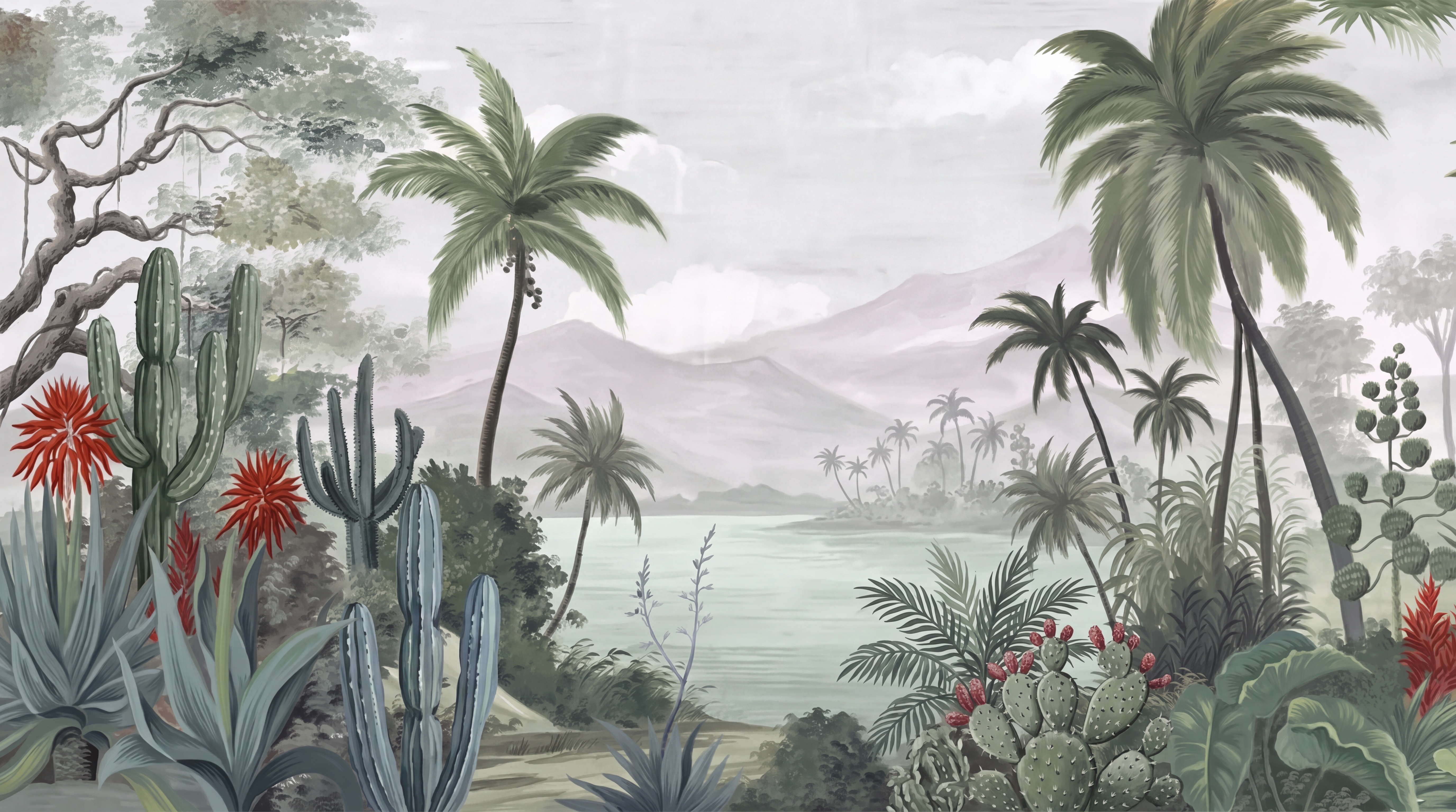 Sage Cactus Artful Wallpaper Mural, Peel-and-stick Finish