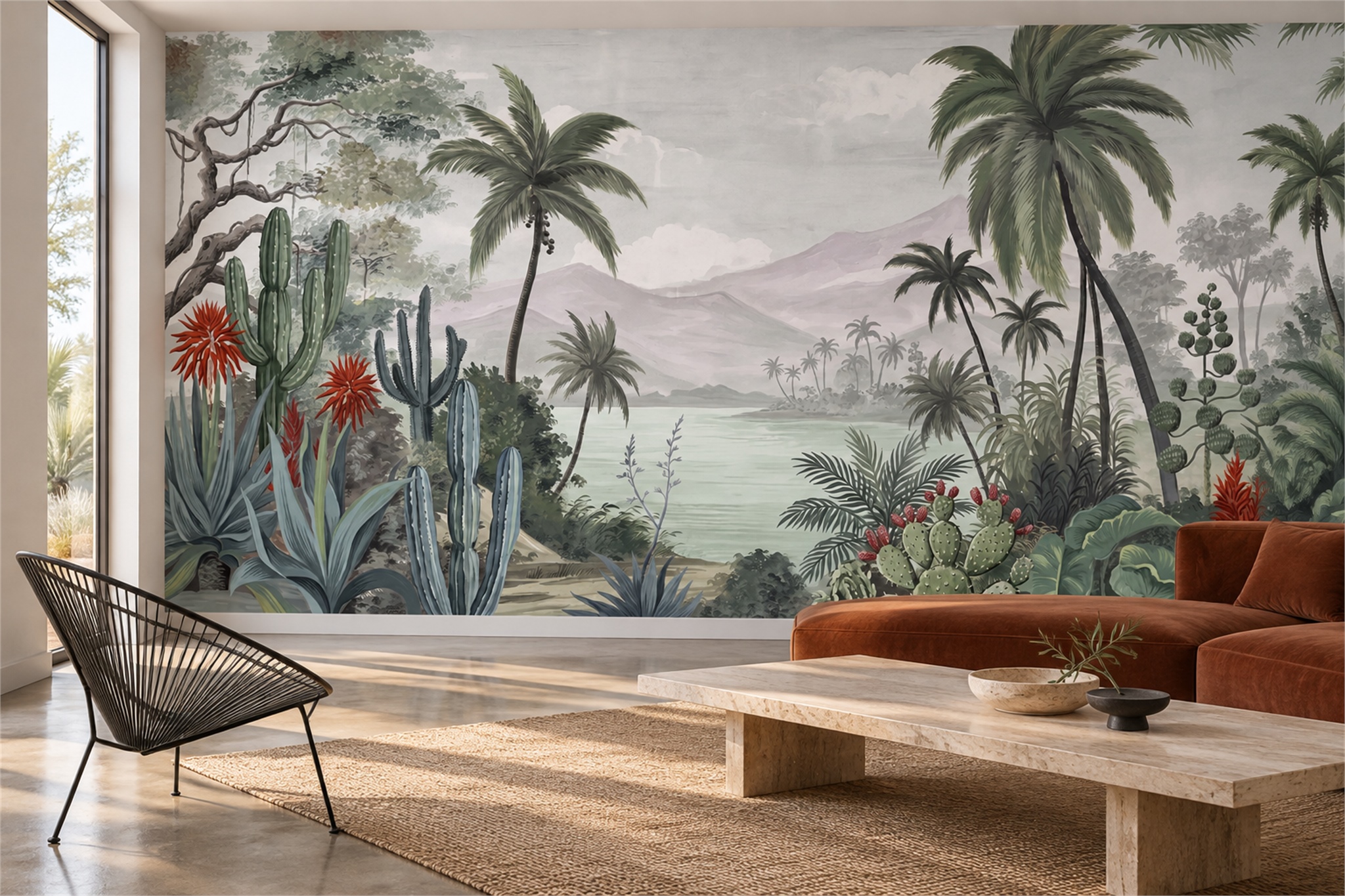 Sage Cactus Artful Wallpaper Mural Living-room-wallpaper-murals, Peel-and-stick Finish