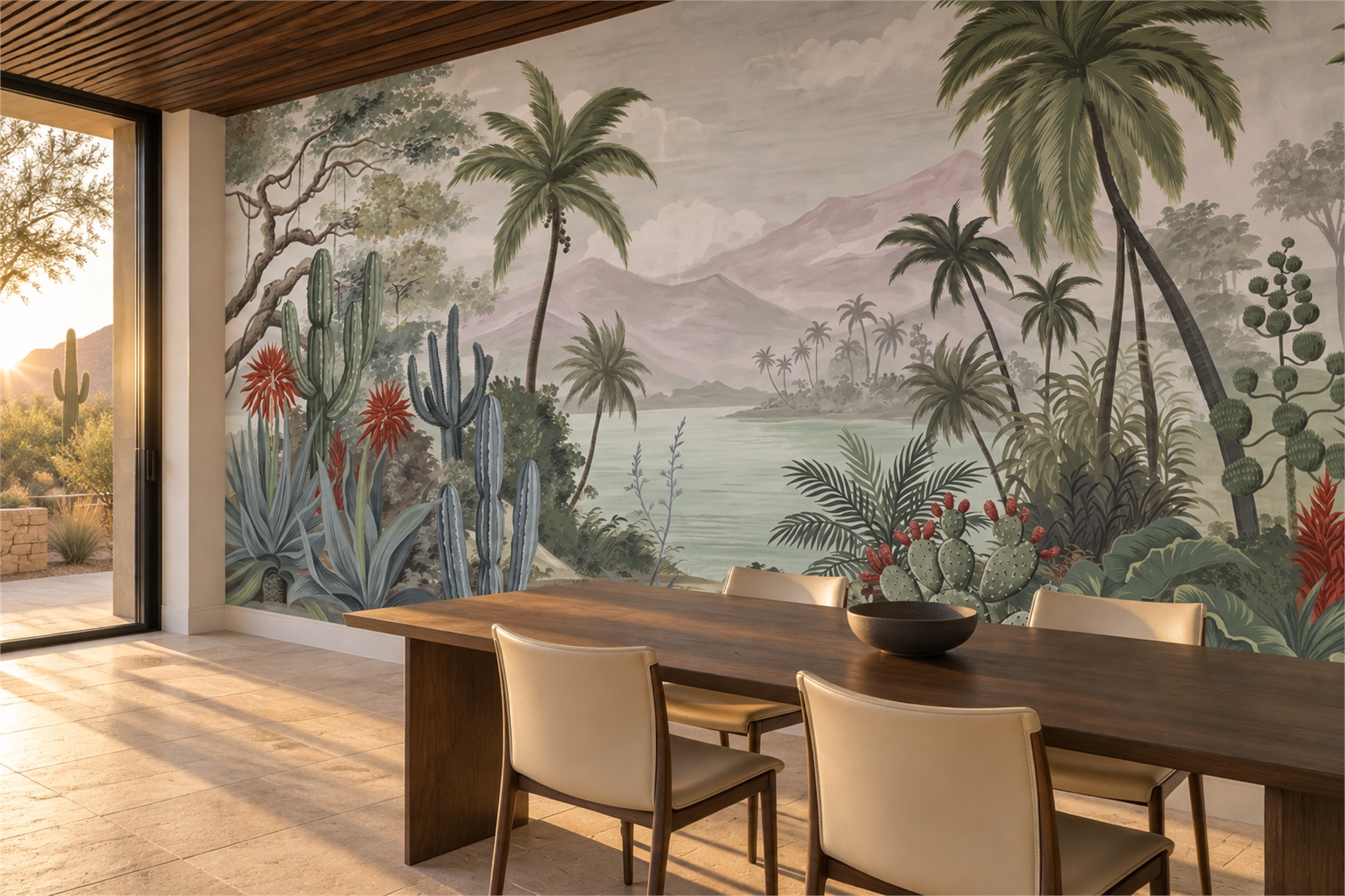 Sage Cactus Artful Wallpaper Mural Dining-room-wallpaper-murals, Shown In A Dining Room, Peel-and-stick Finish