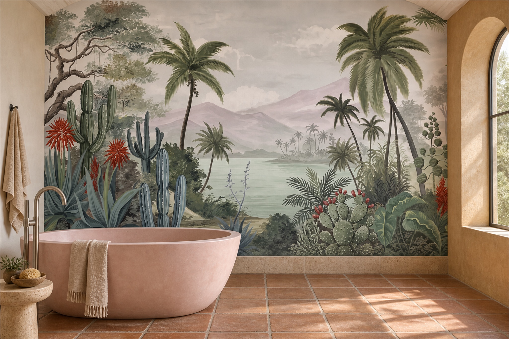 Sage Cactus Artful Wallpaper Mural Living-room-wallpaper-murals, Peel-and-stick Finish