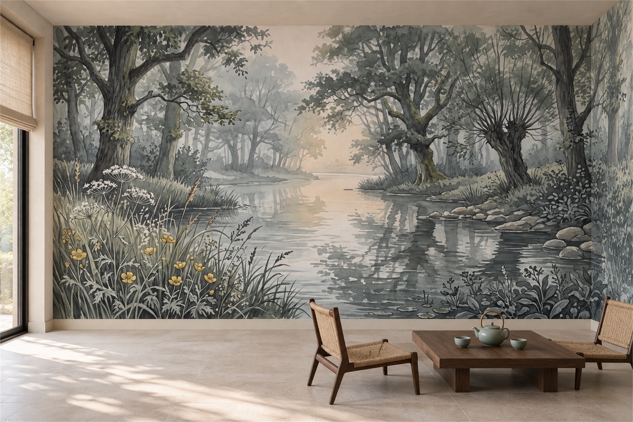 Grey River Scenic Decorative Wallpaper Mural Accent-wall-wallpaper-murals, Peel-and-stick Finish
