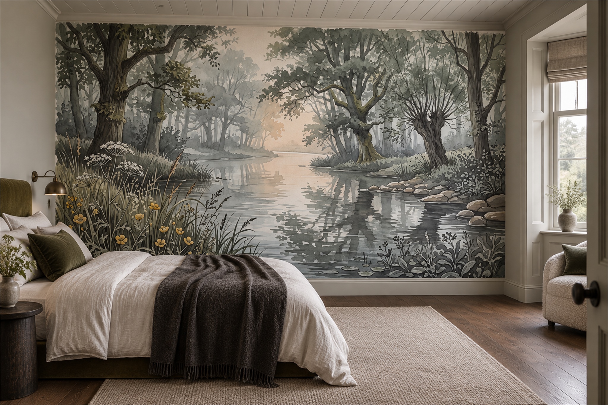 Grey River Scenic Decorative Wallpaper Mural Bedroom-wallpaper-murals, Peel-and-stick Finish
