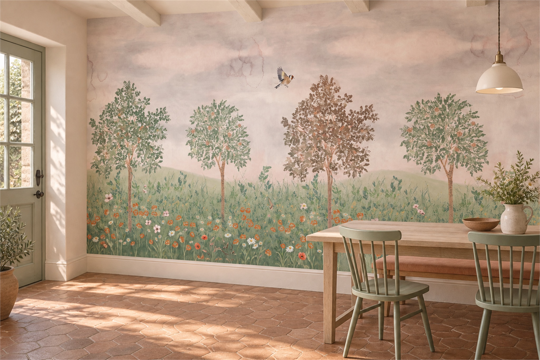 Blush Pattern Decorative Layered Wallpaper Mural Dining-room-wallpaper-murals, Shown In A Dining Room, Peel-and-stick Finish