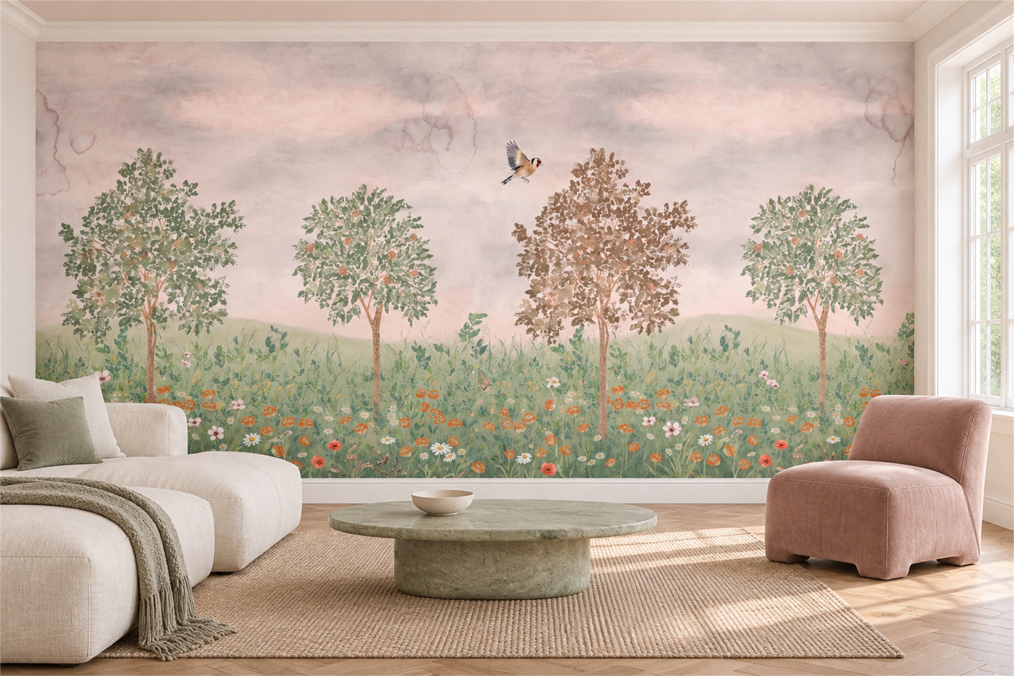 Blush Orchard Meadow With Flying Bird Wallpaper Mural — Wallpaper Mural Design, Peel-and-stick Finish