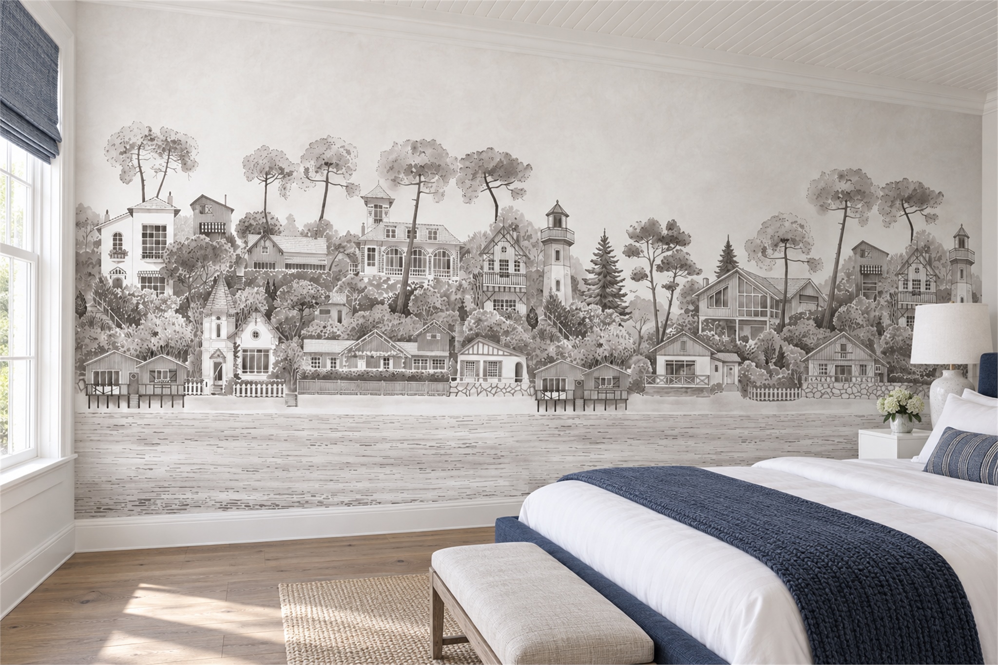 Grey Lakeside Village With Lighthouse And Timber Houses Wallpaper Mural — Installed Wallpaper Mural In A Bedroom, Peel-and-stick Finish