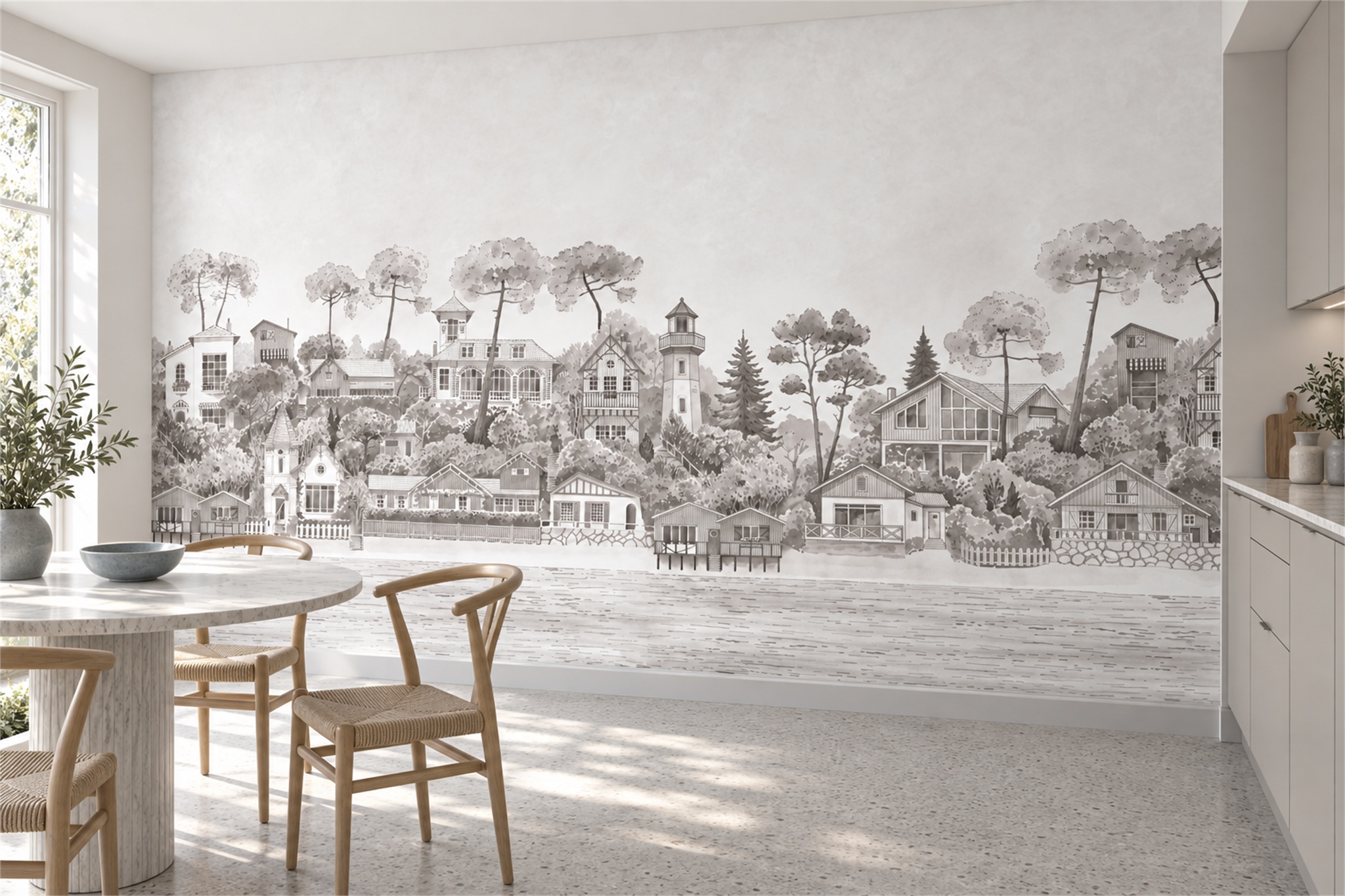 Grey Pattern Decorative Illustrated Wallpaper Mural Dining-room-wallpaper-murals, Shown In A Dining Room, Peel-and-stick Finish