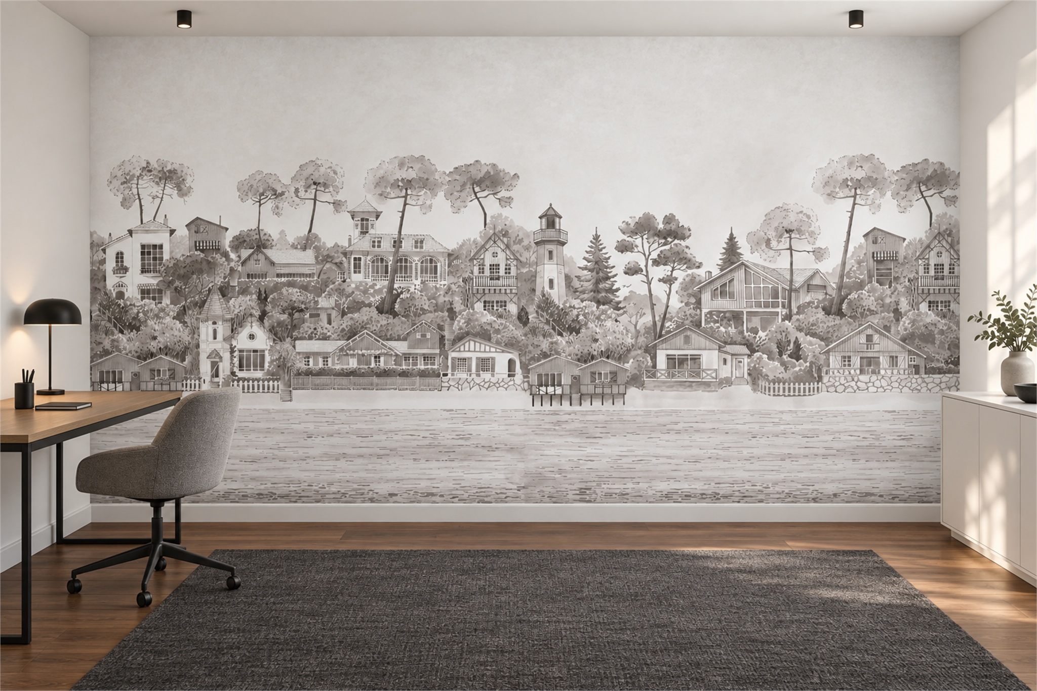 Grey Pattern Decorative Illustrated Wallpaper Mural Home-office-wallpaper-murals, Shown In A Home Office, Peel-and-stick Finish