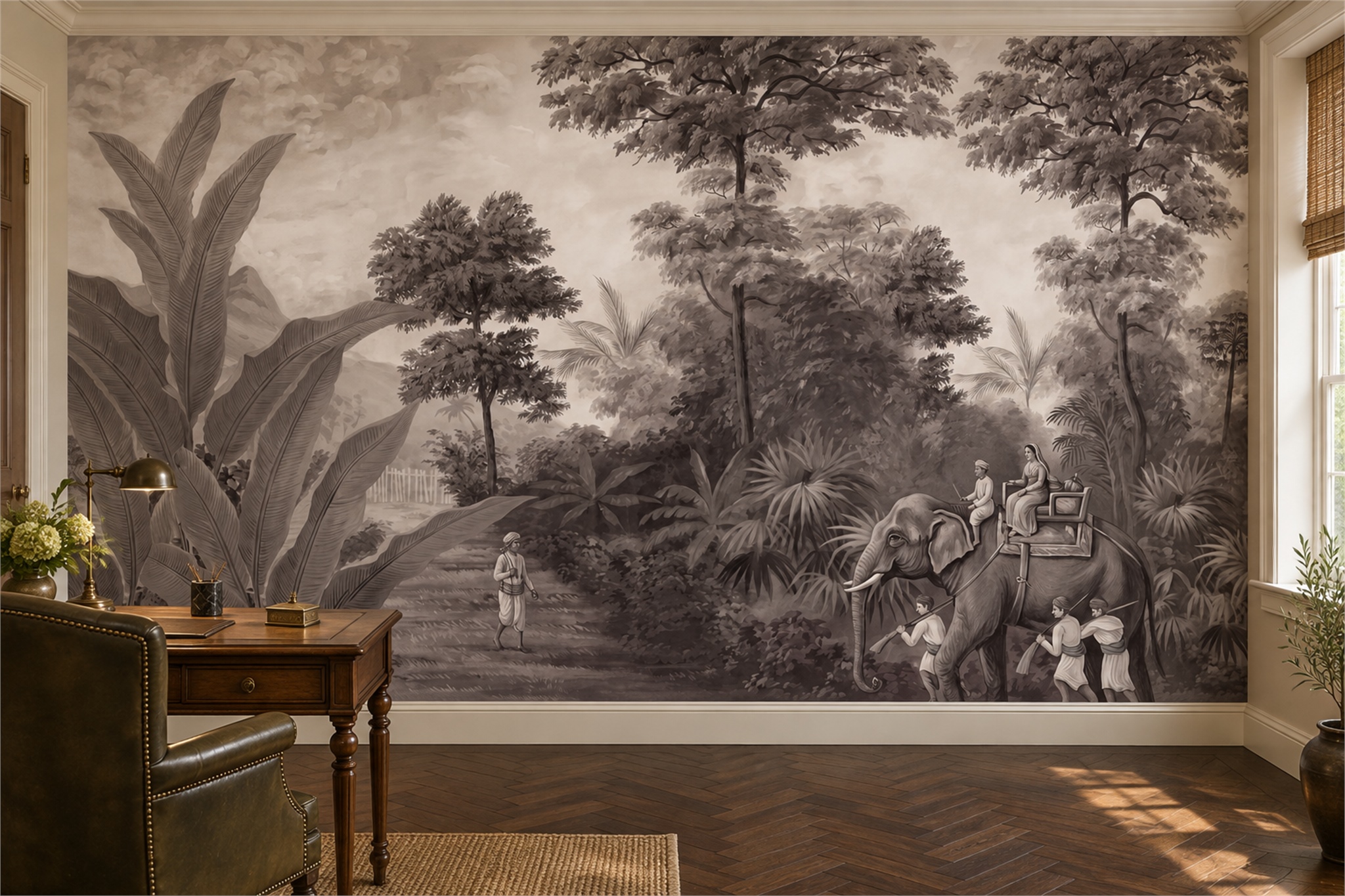 Sepia Pattern Decorative Abstract Wallpaper Mural Home-office-wallpaper-murals, Shown In A Home Office, Peel-and-stick Finish