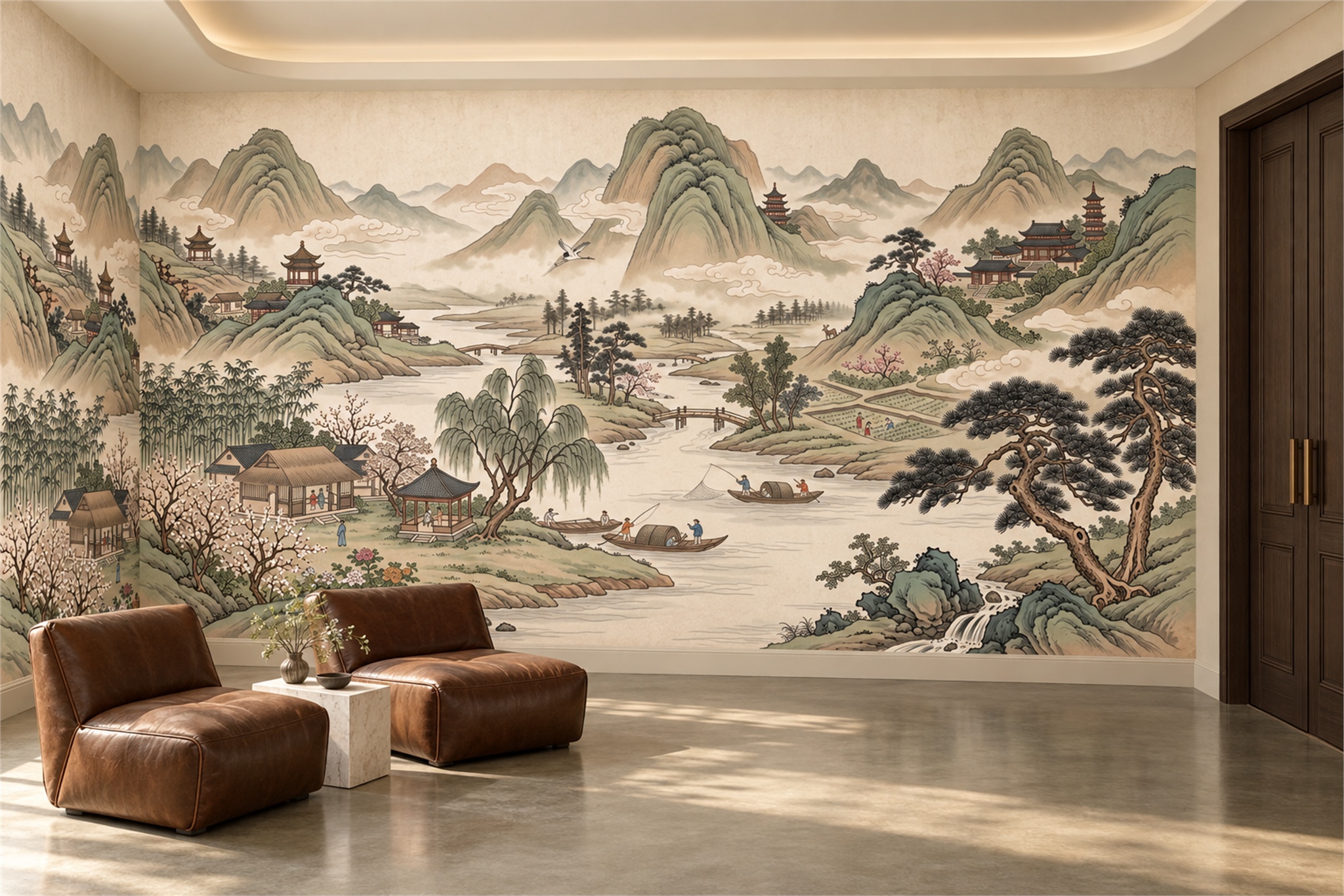 Sage Pattern Decorative Wallpaper Mural Layered Living-room-wallpaper-murals, Shown In A Living Room, Peel-and-stick Finish