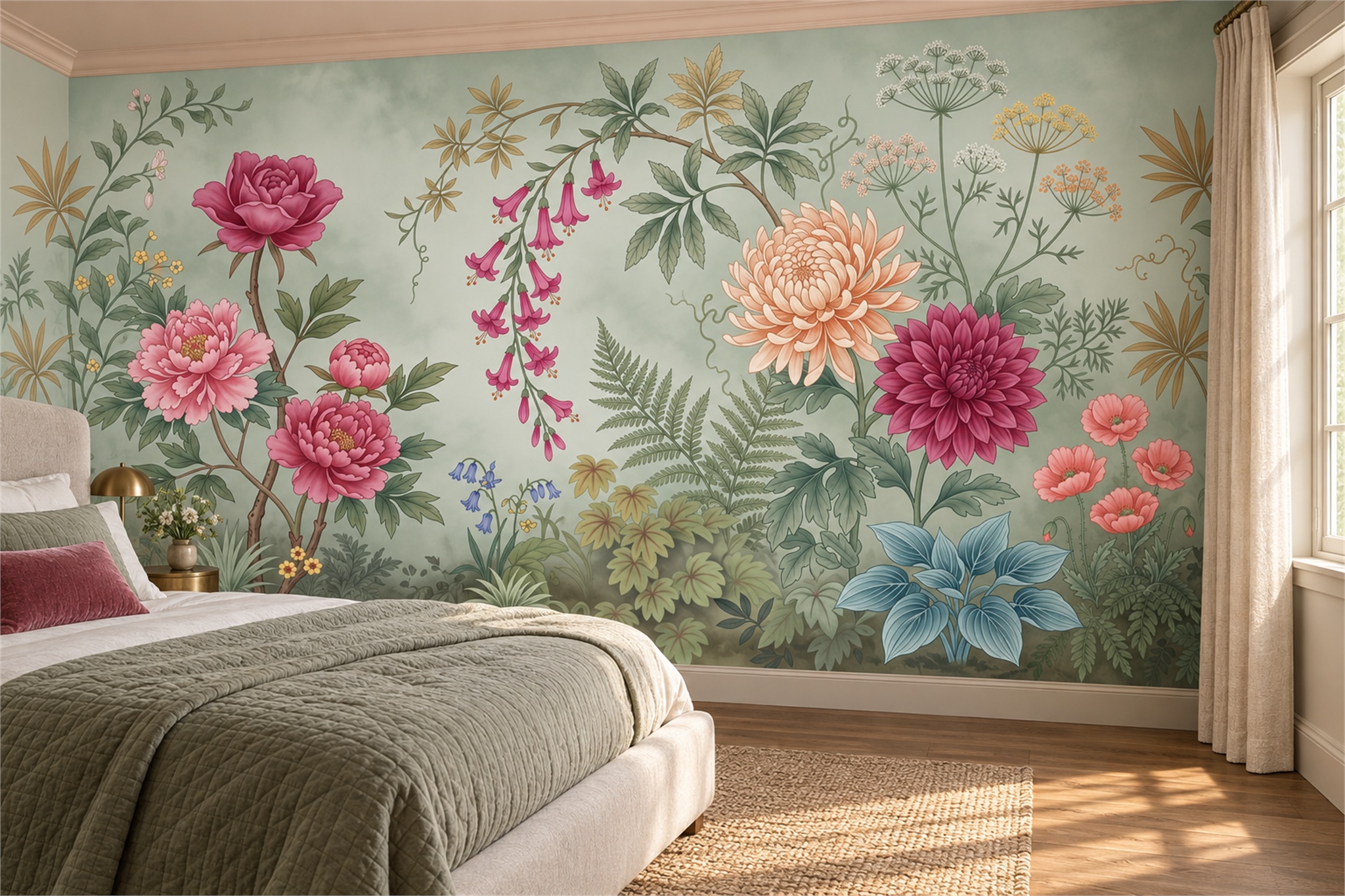 Botanical Garden With Peonies And Chrysanthemums Wallpaper Mural — Installed Wallpaper Mural In A Bedroom, Peel-and-stick Finish