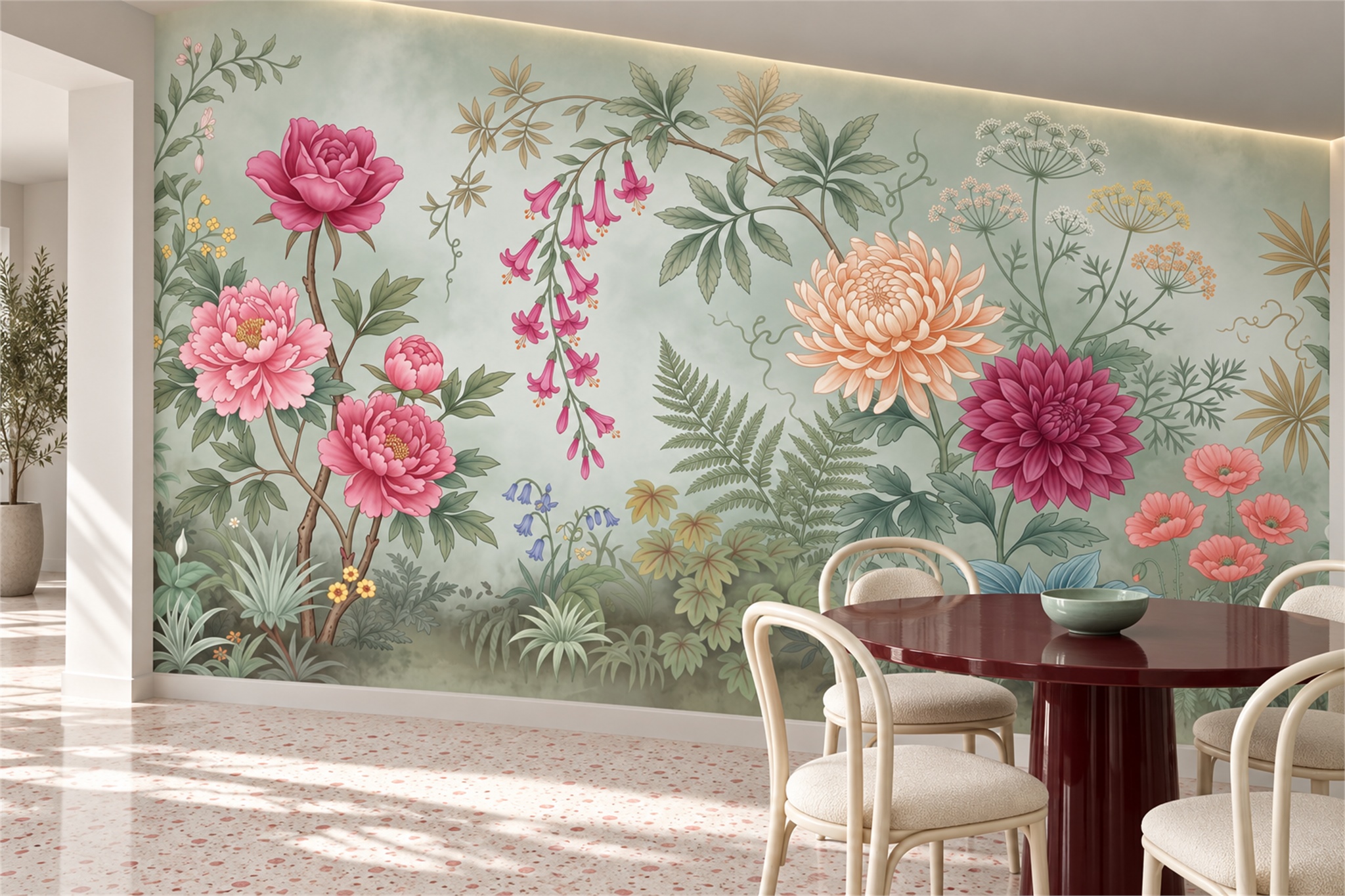 Mint Pattern Decorative Wallpaper Mural Dining-room-wallpaper-murals, Shown In A Dining Room, Peel-and-stick Finish
