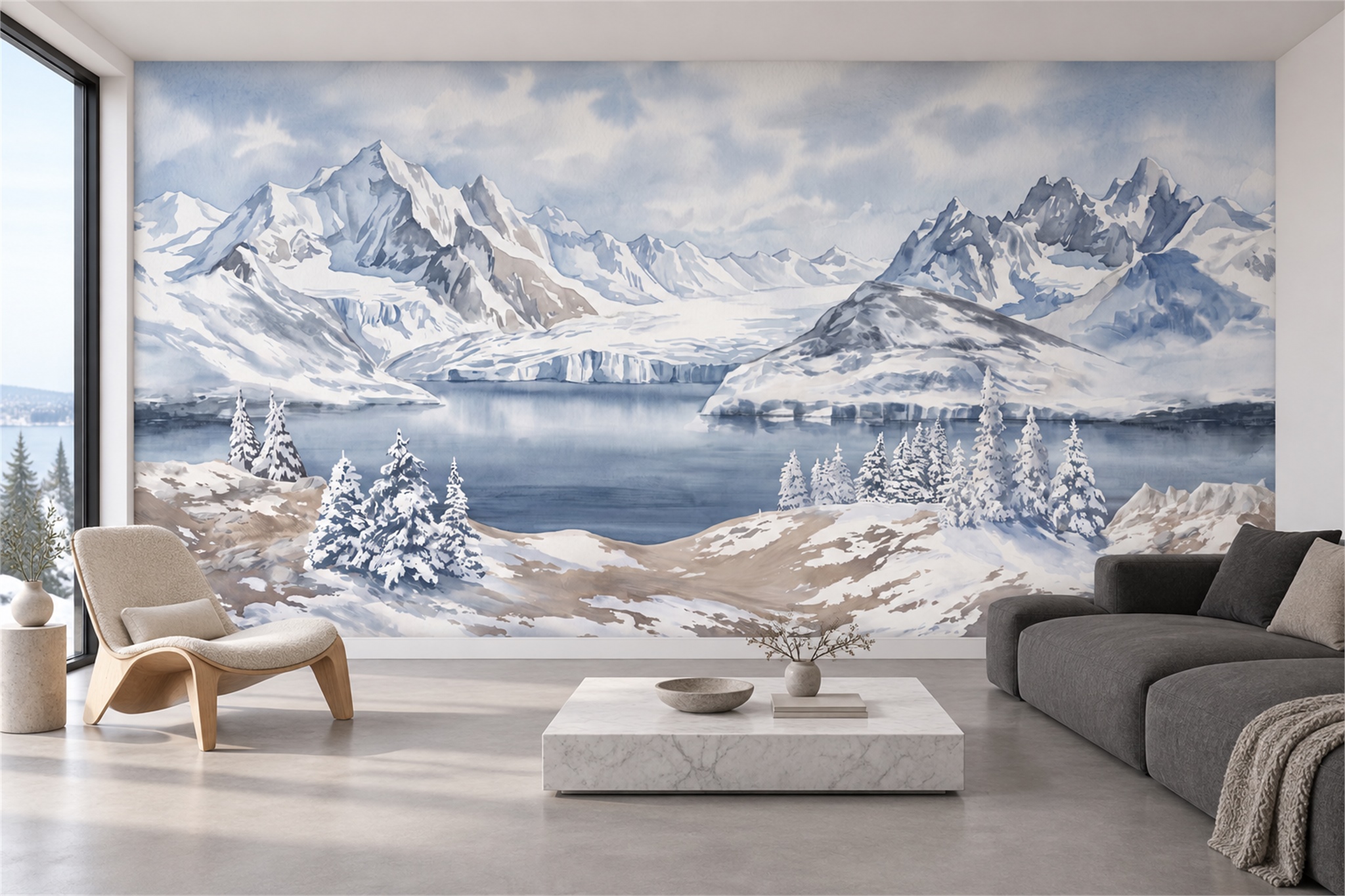 Blue Pattern Decorative Wallpaper Mural Layered Linear Wallpaper Mural Living-room-wallpaper-murals, Shown In A Living Room, Peel-and-stick Finish