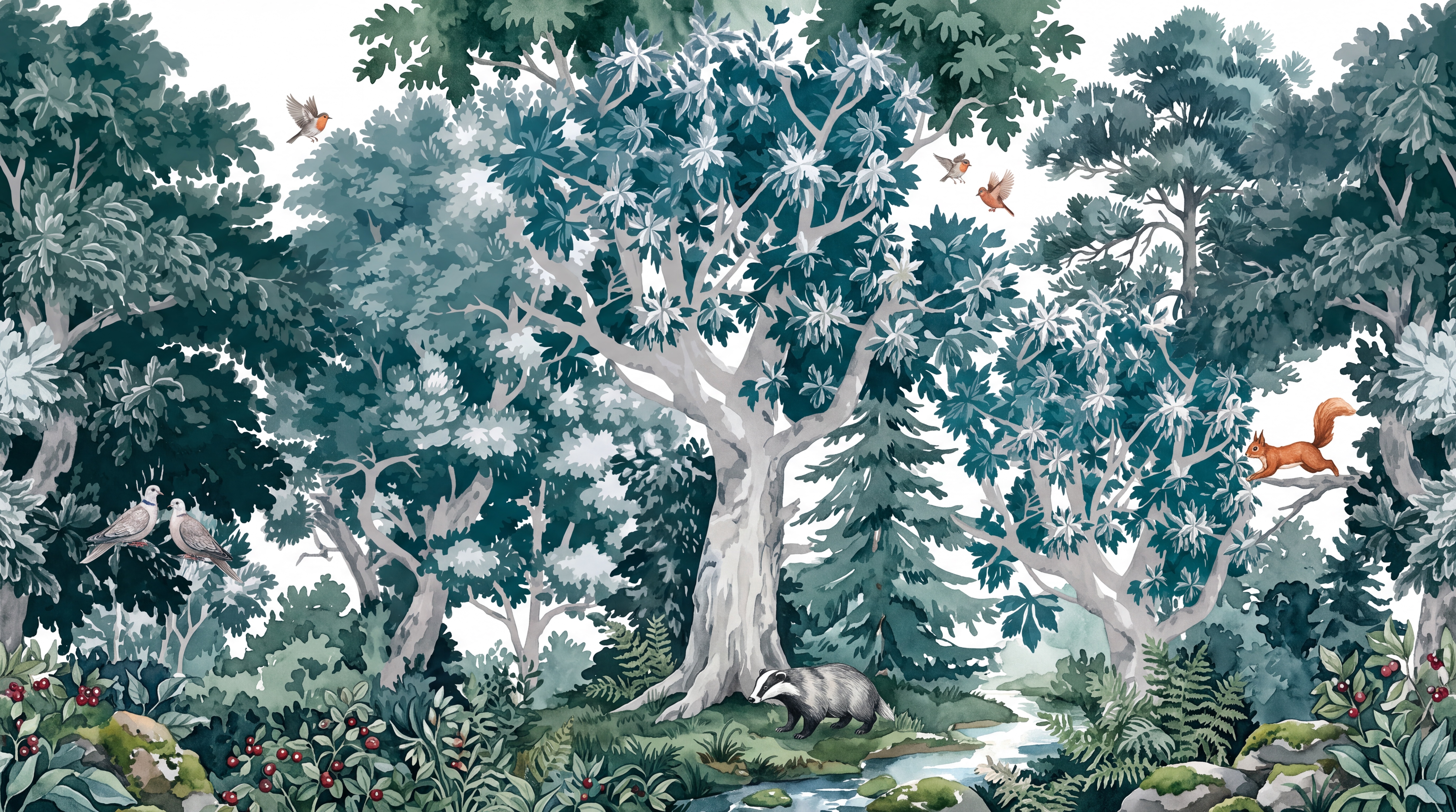 Teal Woodland Scenic Wallpaper Mural, Peel-and-stick Finish