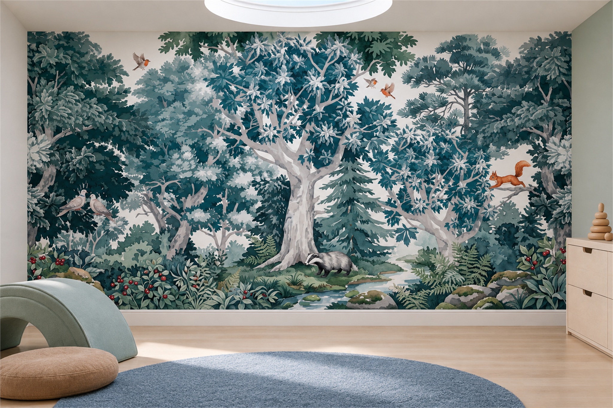 Teal Woodland Scenic Wallpaper Mural Playroom-wallpaper-murals, Peel-and-stick Finish