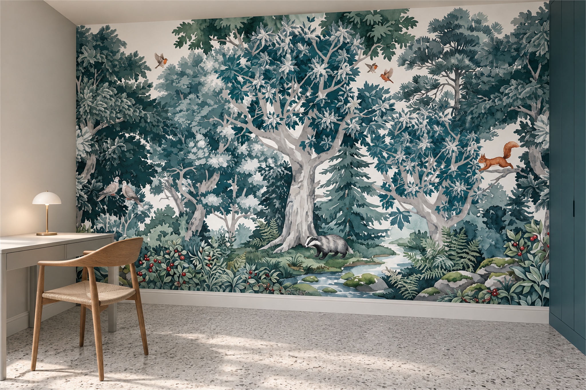 Teal Woodland Scenic Wallpaper Mural Feature-wall-wallpaper-murals, Peel-and-stick Finish
