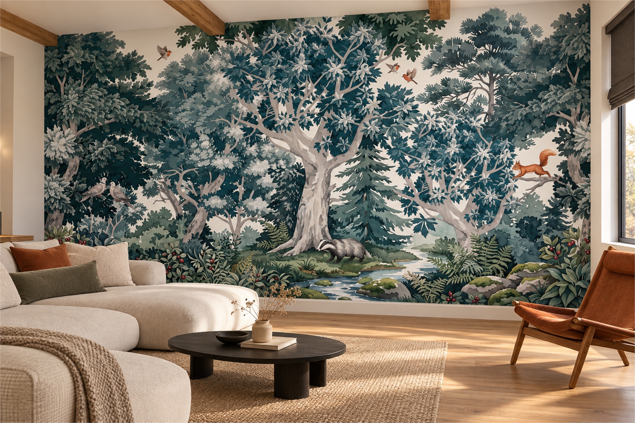 Teal Forest Canopy With Birds And Woodland Animals Wallpaper Mural — Wallpaper Mural Design, Peel-and-stick Finish