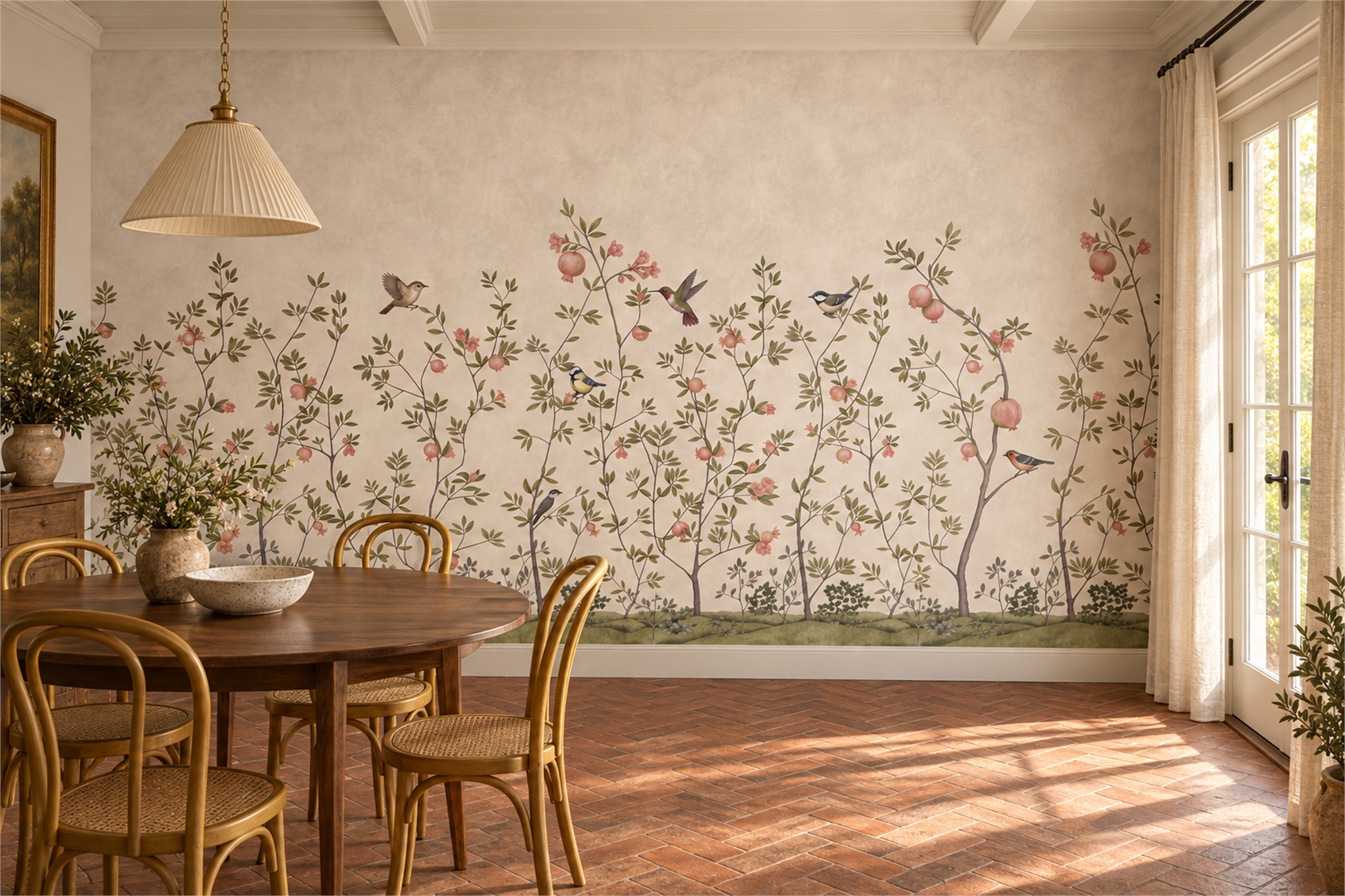 Blush Pomegranate Branches With Garden Birds Wallpaper Mural — Wallpaper Mural Design, Peel-and-stick Finish