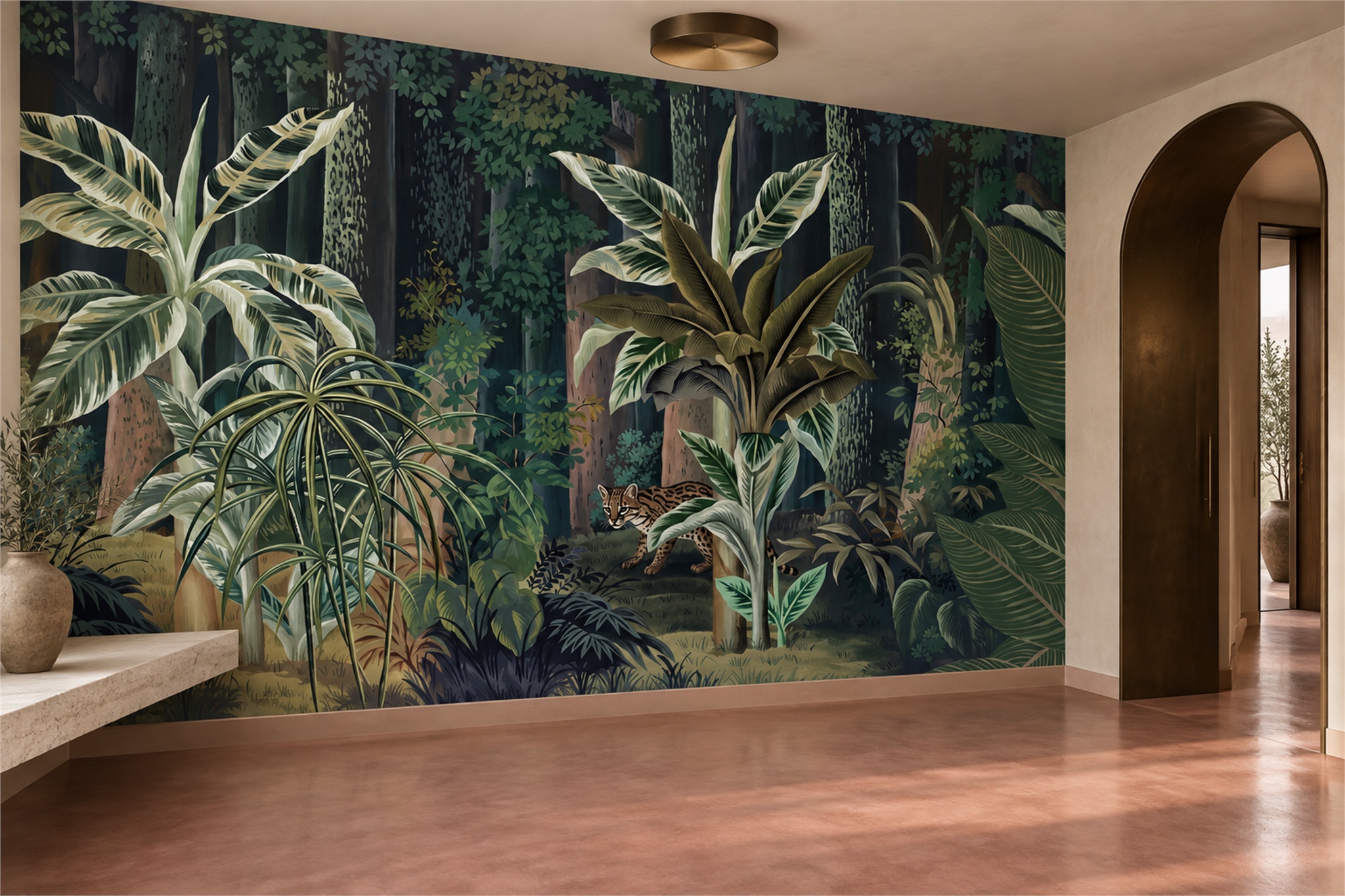 Green Tropical Artful Organic Wallpaper Mural Entryway-wallpaper-murals, Peel-and-stick Finish