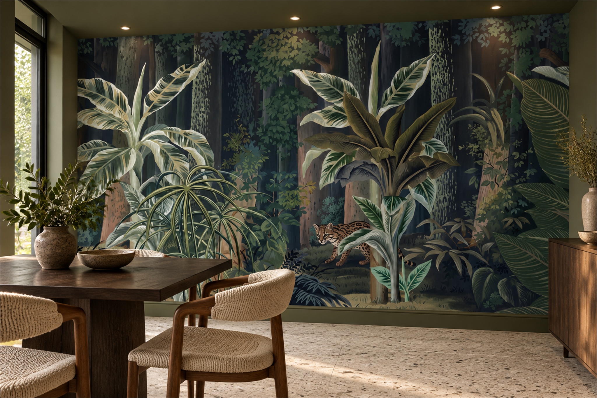 Green Tropical Artful Organic Wallpaper Mural Dining-room-wallpaper-murals, Shown In A Dining Room, Peel-and-stick Finish