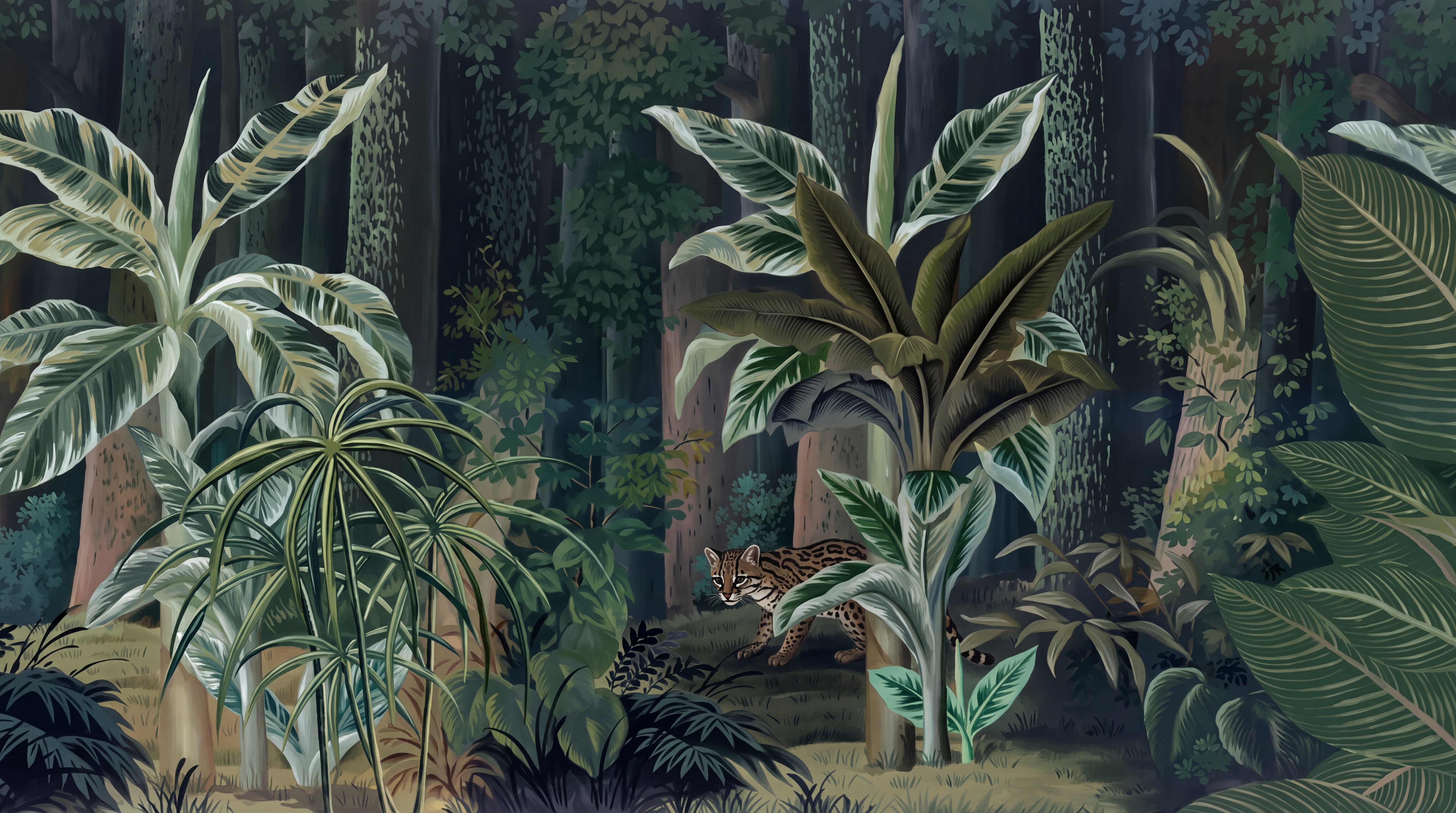 Green Tropical Artful Organic Wallpaper Mural Accent-wall-wallpaper-murals, Peel-and-stick Finish