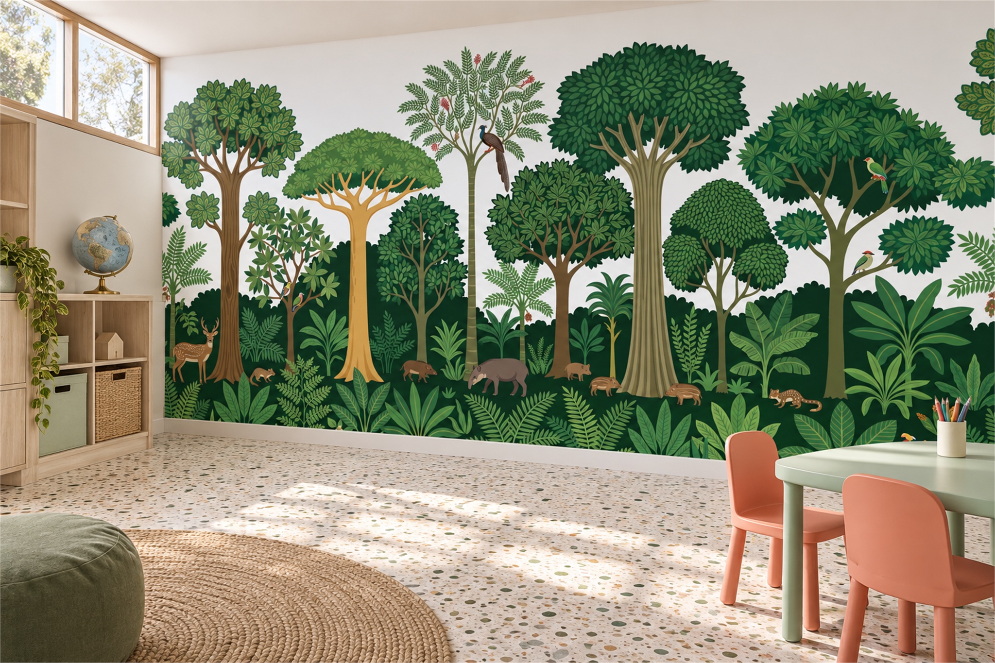 Stylised Green Forest With Deer, Birds And Woodland Animals Wallpaper Mural — Wallpaper Mural Design, Peel-and-stick Finish