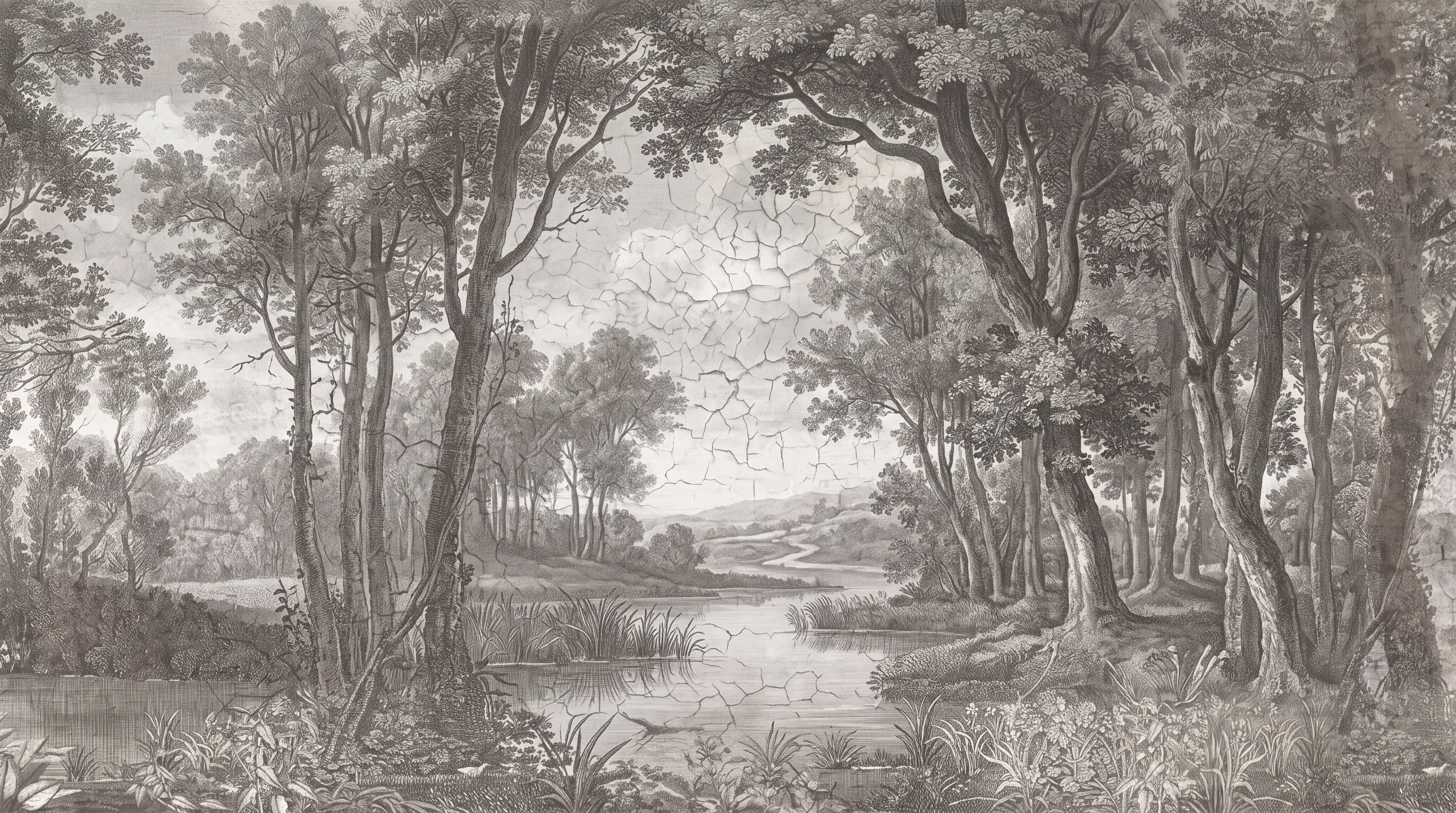 Grey River Scenic Painterly Wallpaper Mural, Peel-and-stick Finish