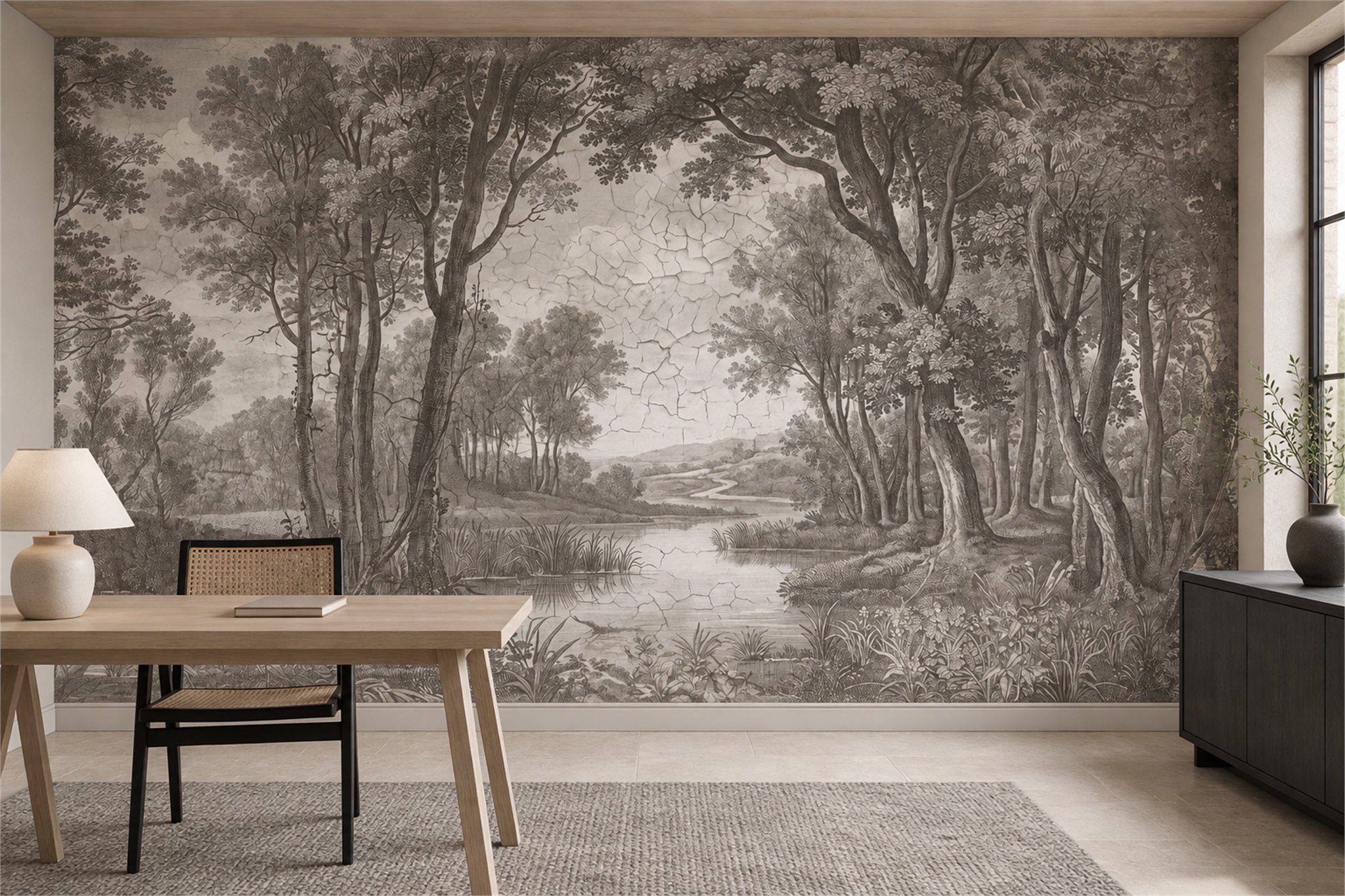 Grey Engraved Woodland Stream Wallpaper Mural — Wallpaper Mural Design, Peel-and-stick Finish