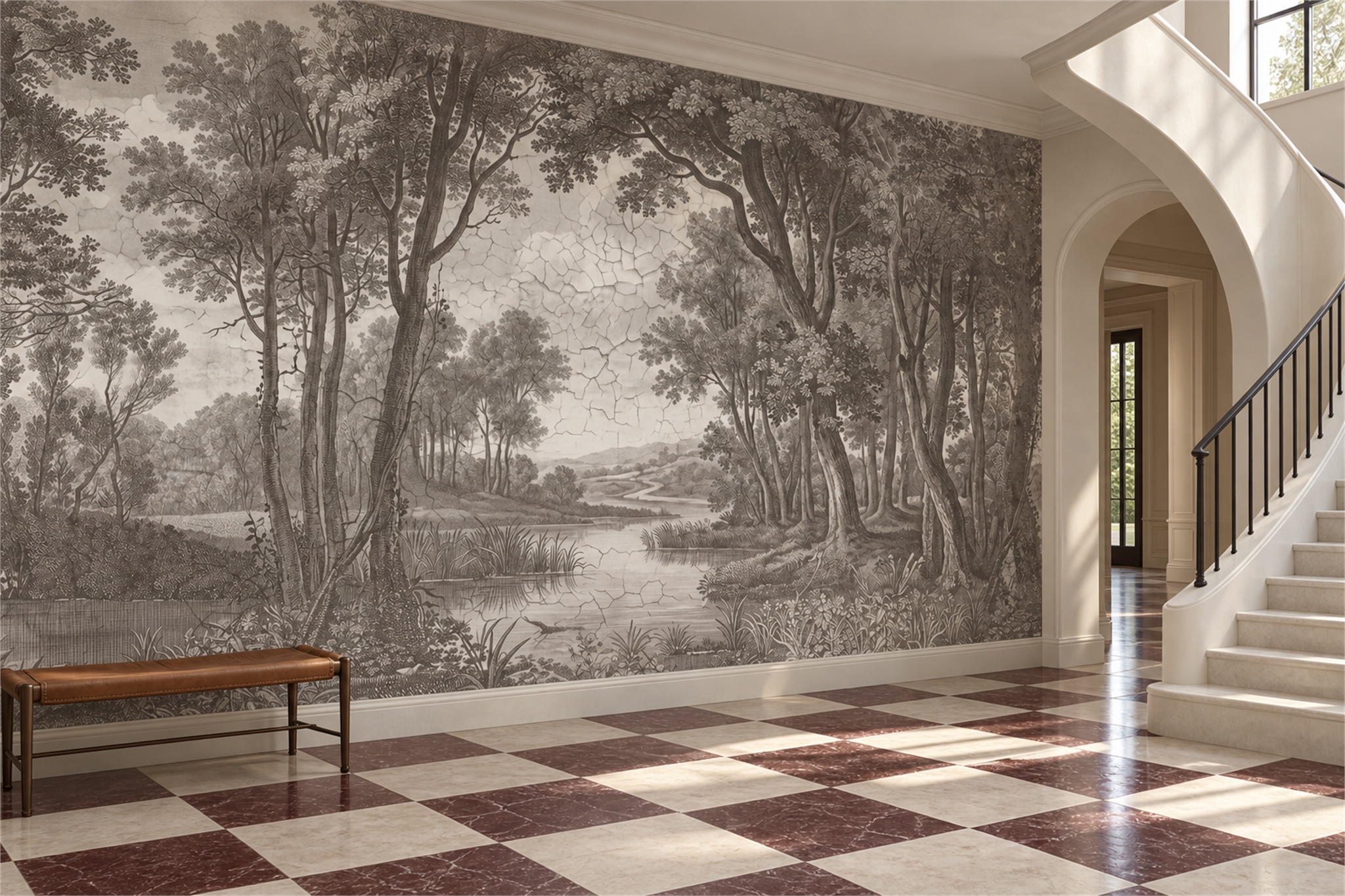 Grey River Scenic Painterly Wallpaper Mural Hallway-wallpaper-murals, Peel-and-stick Finish