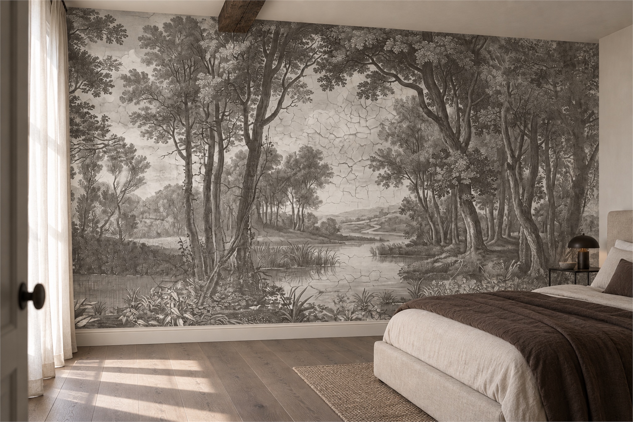 Grey River Scenic Painterly Wallpaper Mural Bedroom-wallpaper-murals, Peel-and-stick Finish