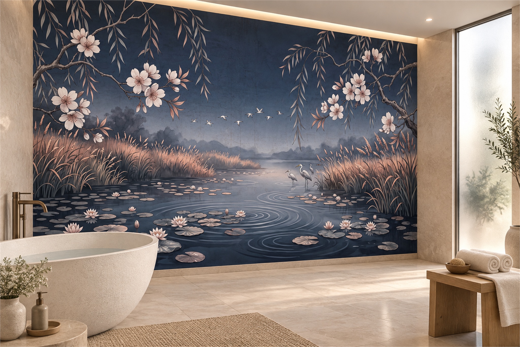 Navy Botanical Botanical Wallpaper Mural Bathroom-wallpaper-murals, Peel-and-stick Finish