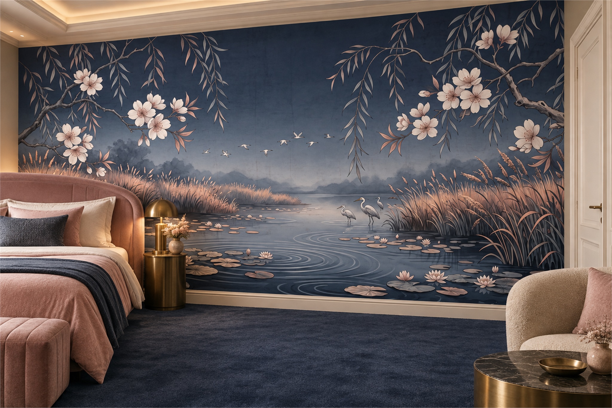 Navy Botanical Botanical Wallpaper Mural Bedroom-wallpaper-murals, Peel-and-stick Finish