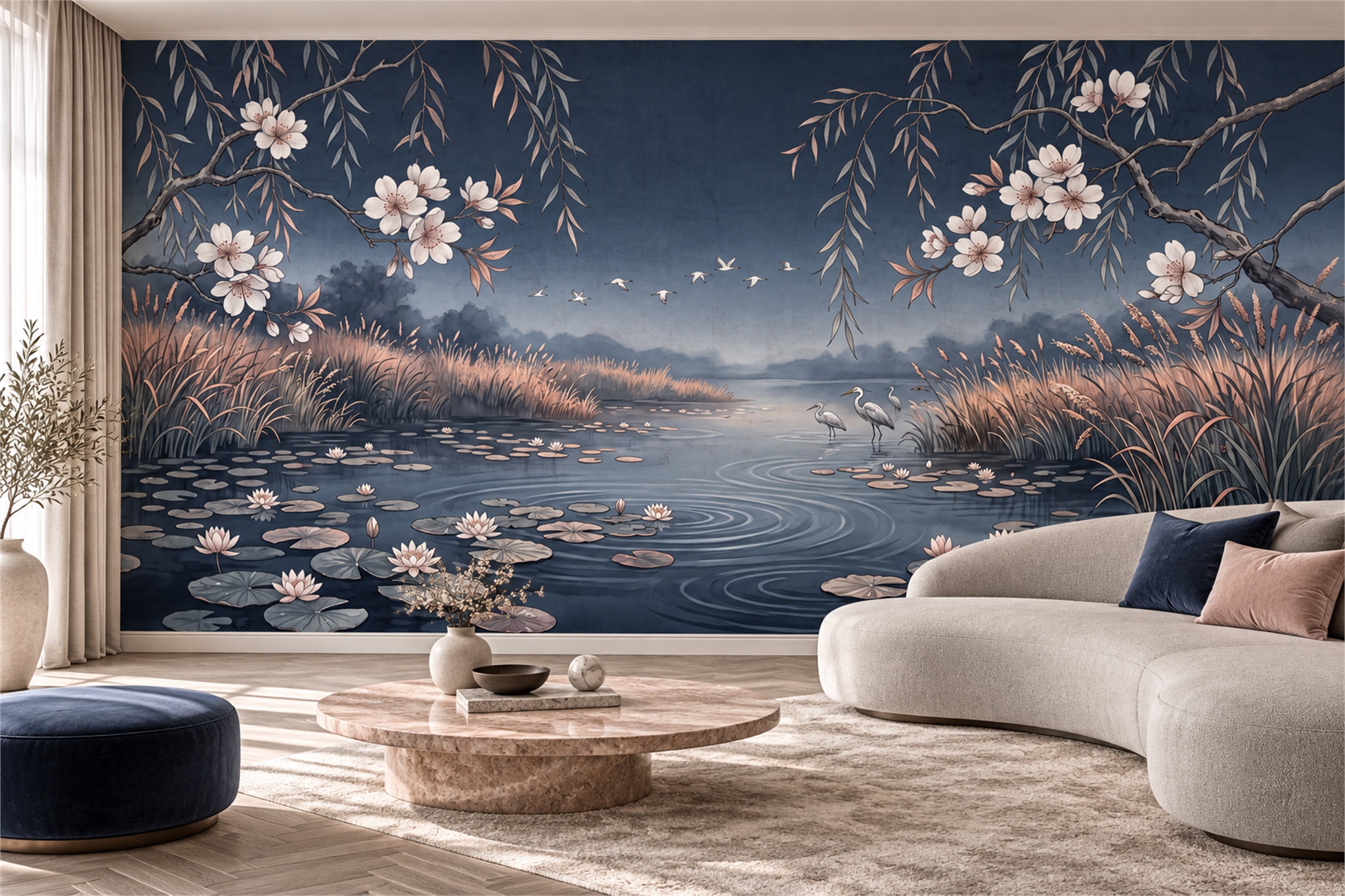 Navy Lotus Pond With Herons And Cherry Blossoms Wallpaper Mural — Wallpaper Mural Design, Peel-and-stick Finish