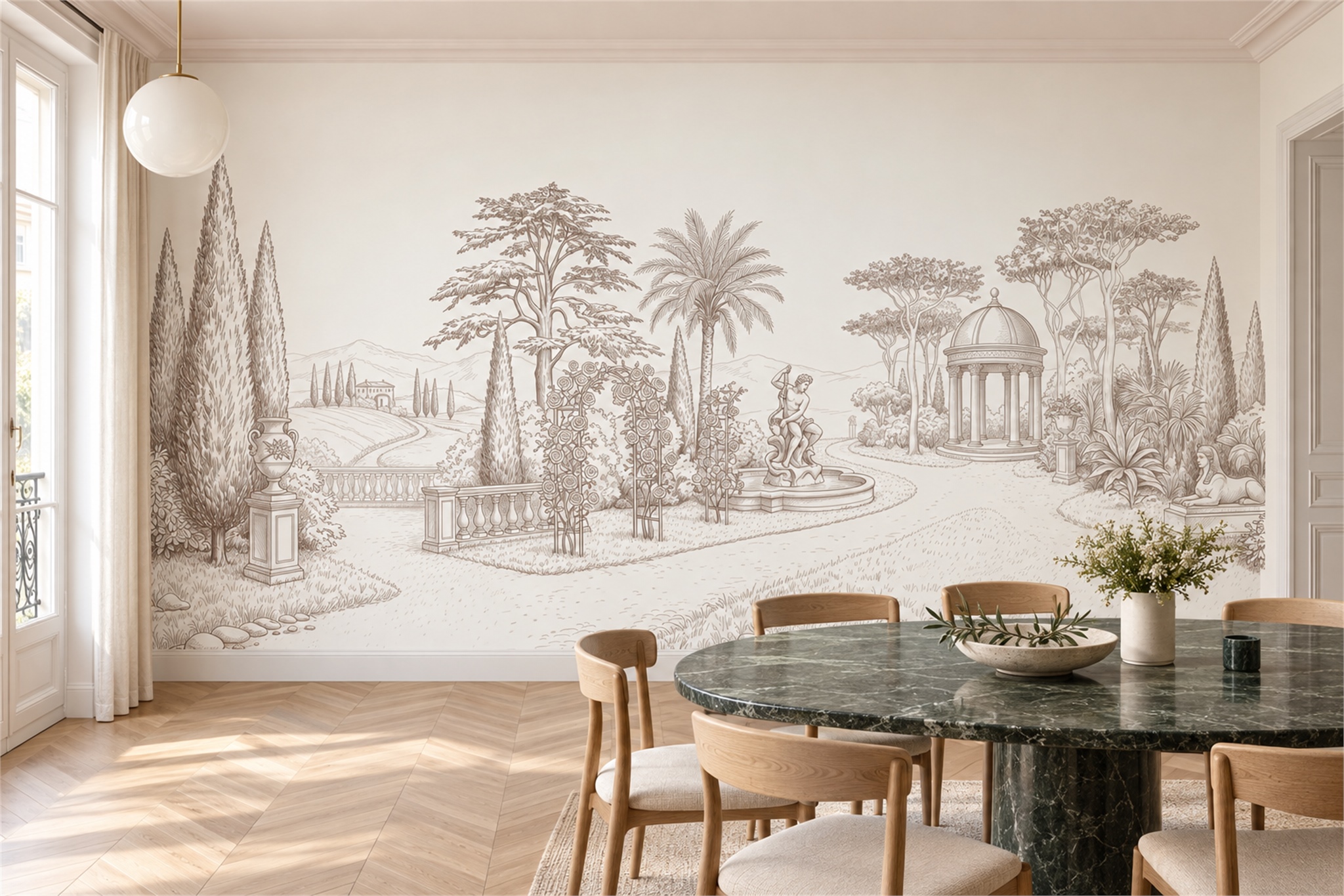 Taupe Garden Scenic Wallpaper Mural Dining-room-wallpaper-murals, Shown In A Dining Room, Peel-and-stick Finish