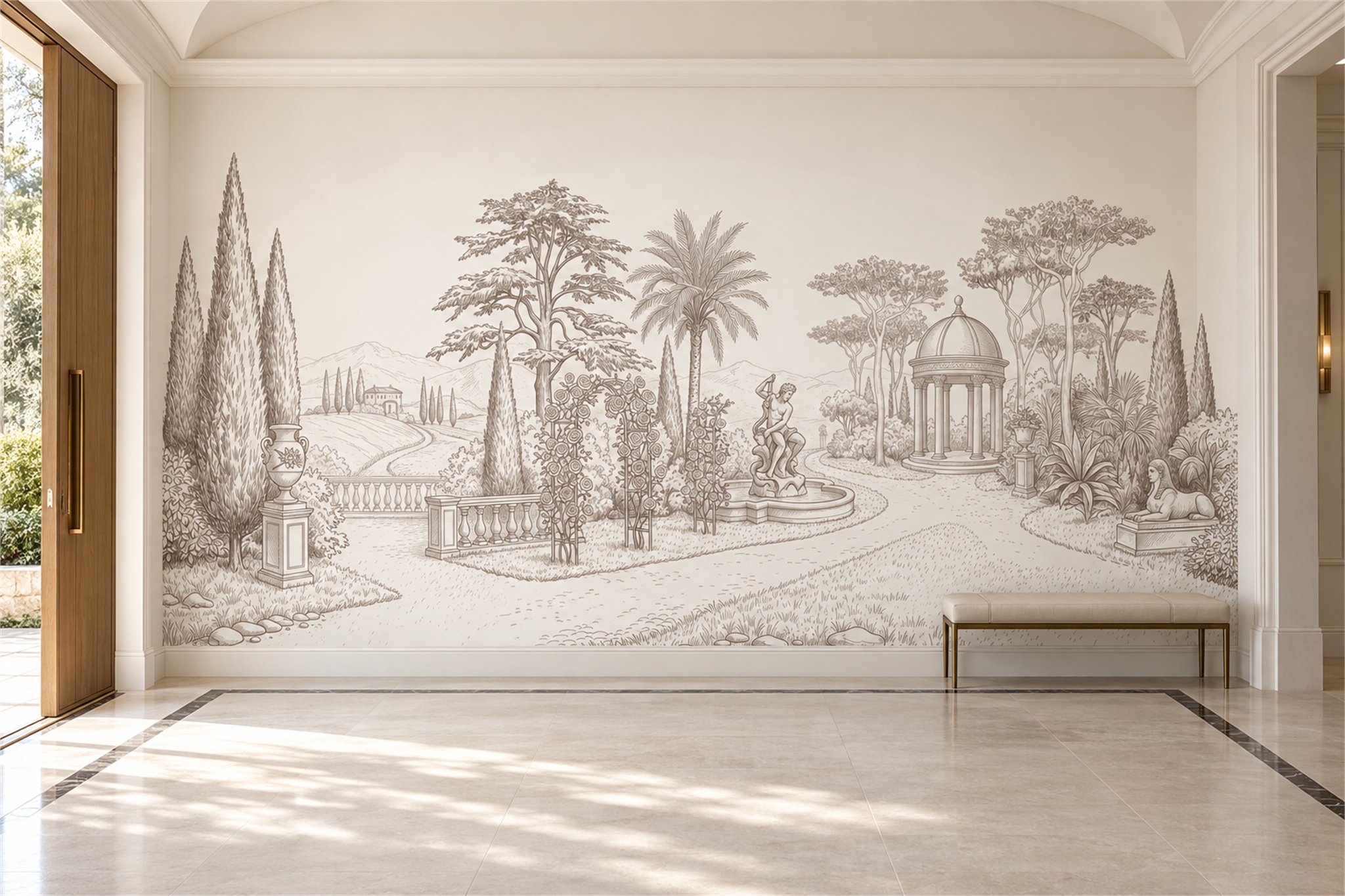 Taupe Garden Scenic Wallpaper Mural Entryway-wallpaper-murals, Peel-and-stick Finish