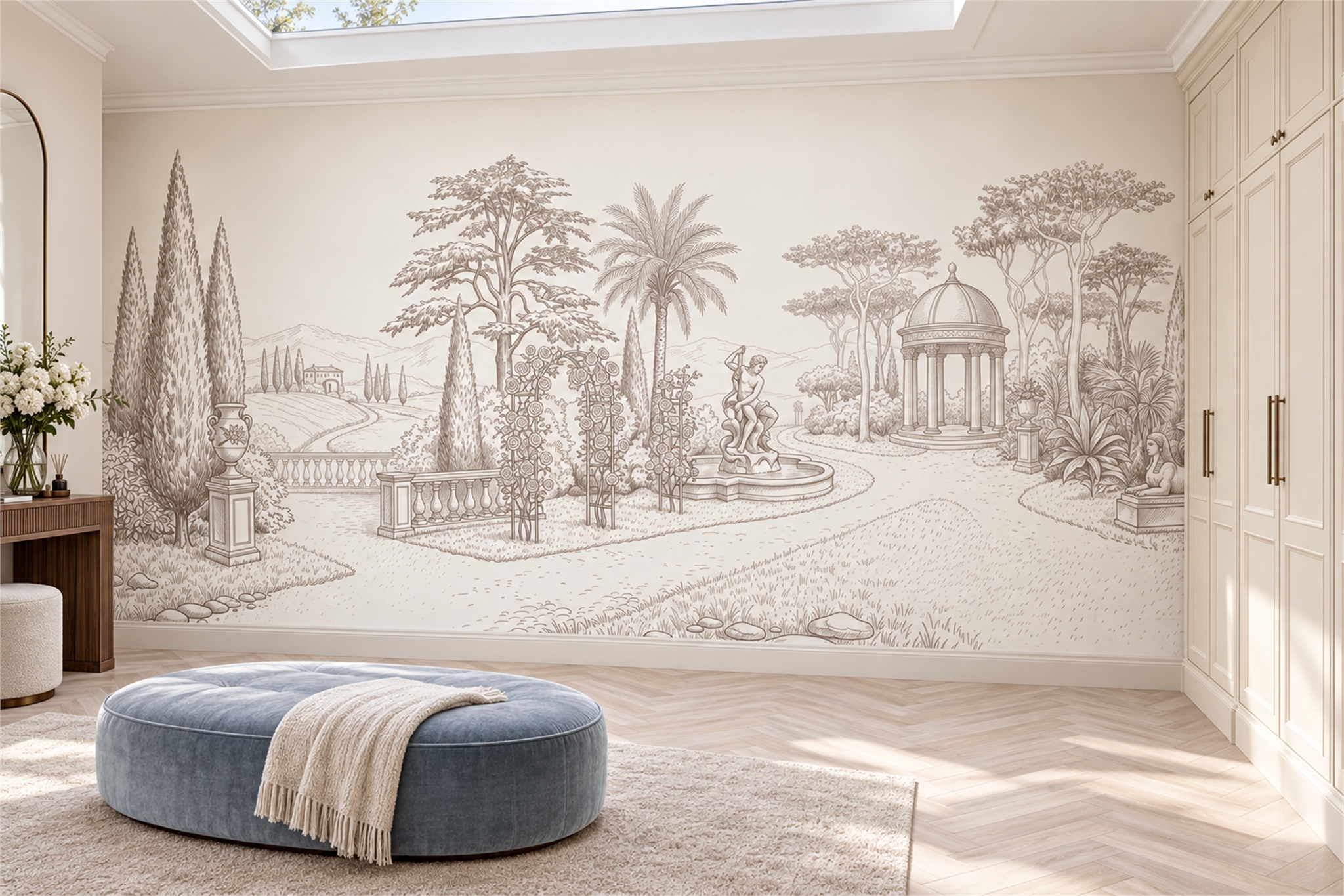 Taupe Classical Garden With Fountain And Domed Rotunda Wallpaper Mural — Wallpaper Mural Design, Peel-and-stick Finish